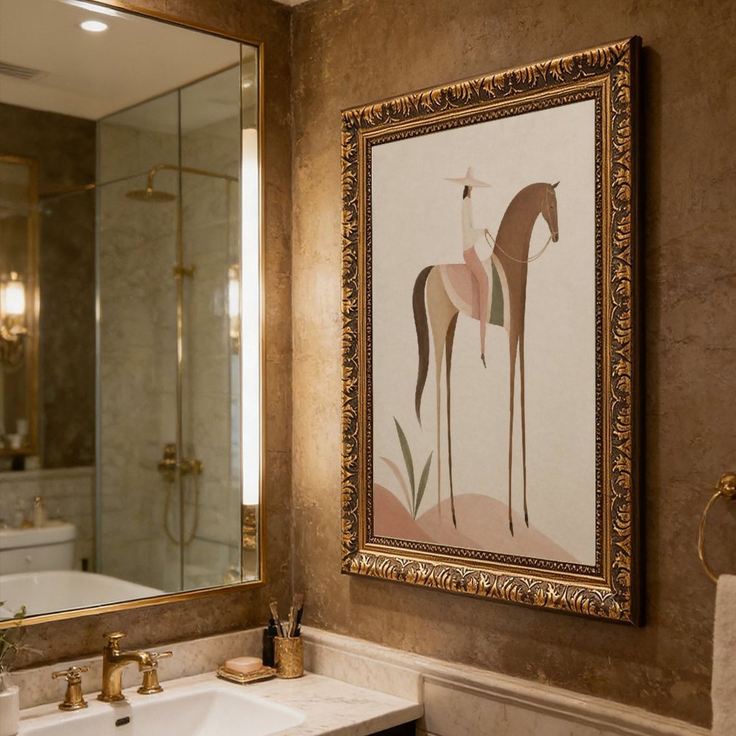Soft Blush Long Horse canvas wall art featuring a graceful long-limbed horse in soft blush pink, warm beige, muted cream tones, displayed in the Vintage Pattern Gold Frame style