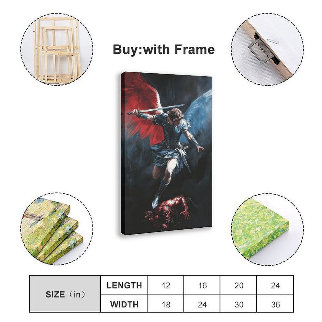 winged archangel warrior battling a red dragon in religious fantasy art style — Wrapped Canvas SIZE_GUIDE