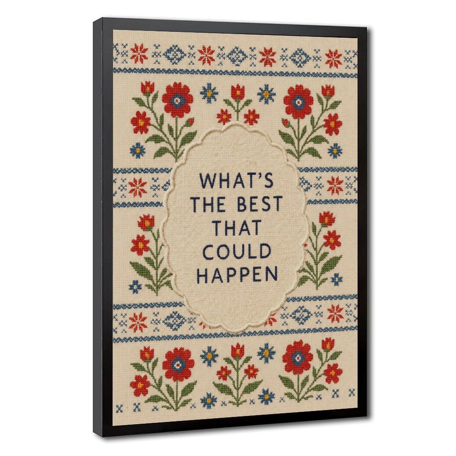 floral folk-art border around optimistic typography in red, blue, green tones — Black Frame HERO