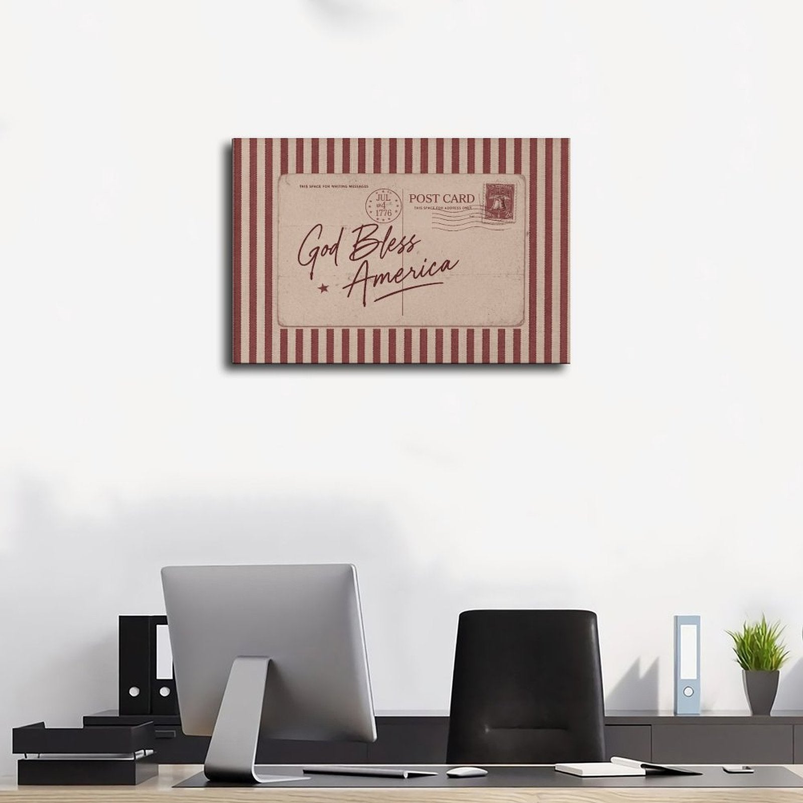 vintage patriotic postcard with God Bless America lettering in typography art style — Wrapped Canvas SCENE_01