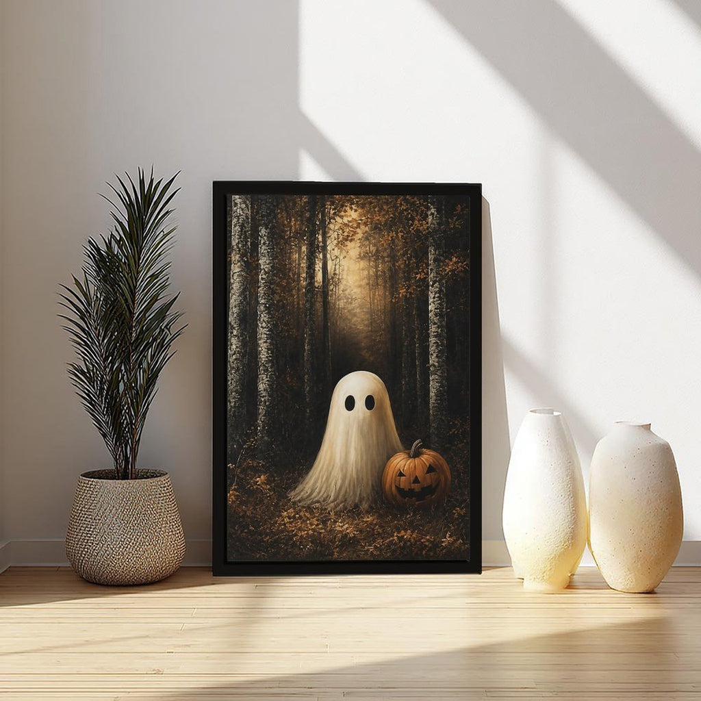 sheet ghost beside a carved pumpkin in an autumn forest in black, amber, cream tones — Black Frame SCENE_03