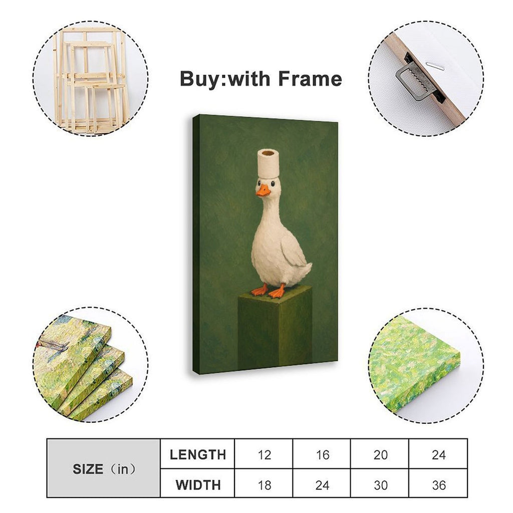 white goose wearing a toilet paper roll like a hat in olive green, white, orange tones — Wrapped Canvas SIZE_GUIDE