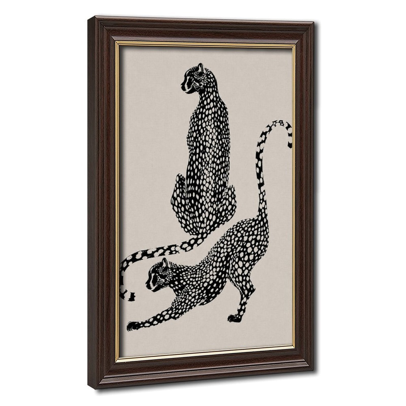 two spotted big cats in contrasting poses in black, warm cream tones — Wood Grain Gold Frame HERO