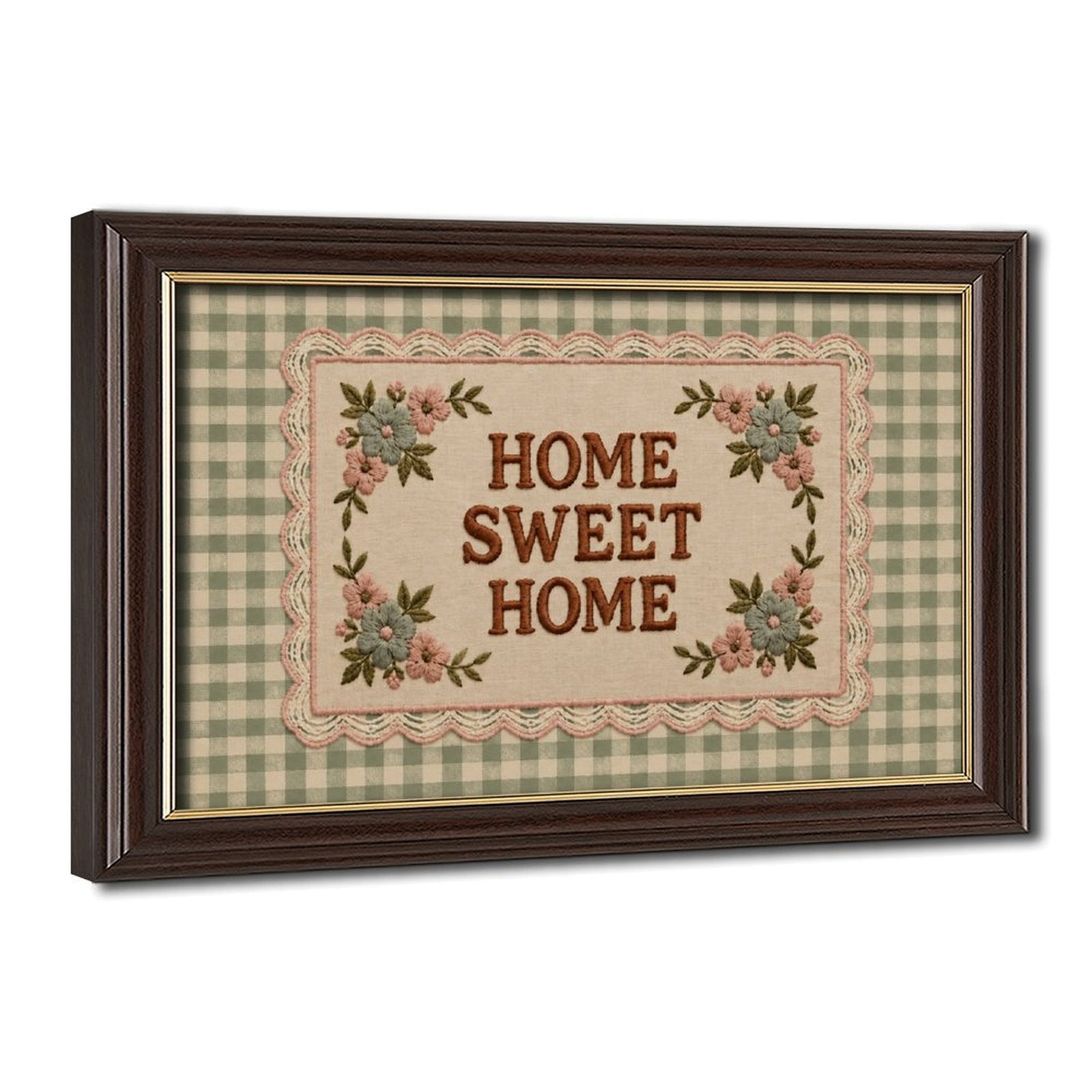 floral sampler typography on green gingham in sage green, cream, dusty pink tones — Wood Grain Gold Frame HERO