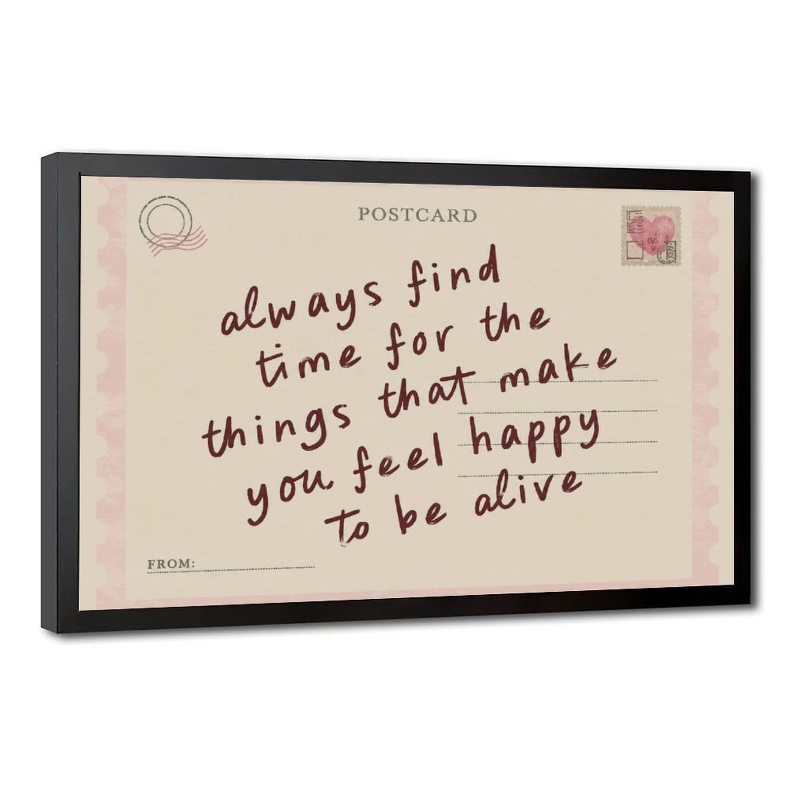 handwritten uplifting quote on a pink vintage postcard in pink, cream, burgundy tones — Black Frame HERO