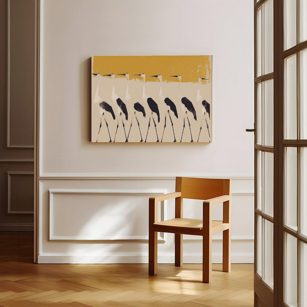 row of stylized pale birds in abstract animal art style — Wrapped Canvas SCENE_06