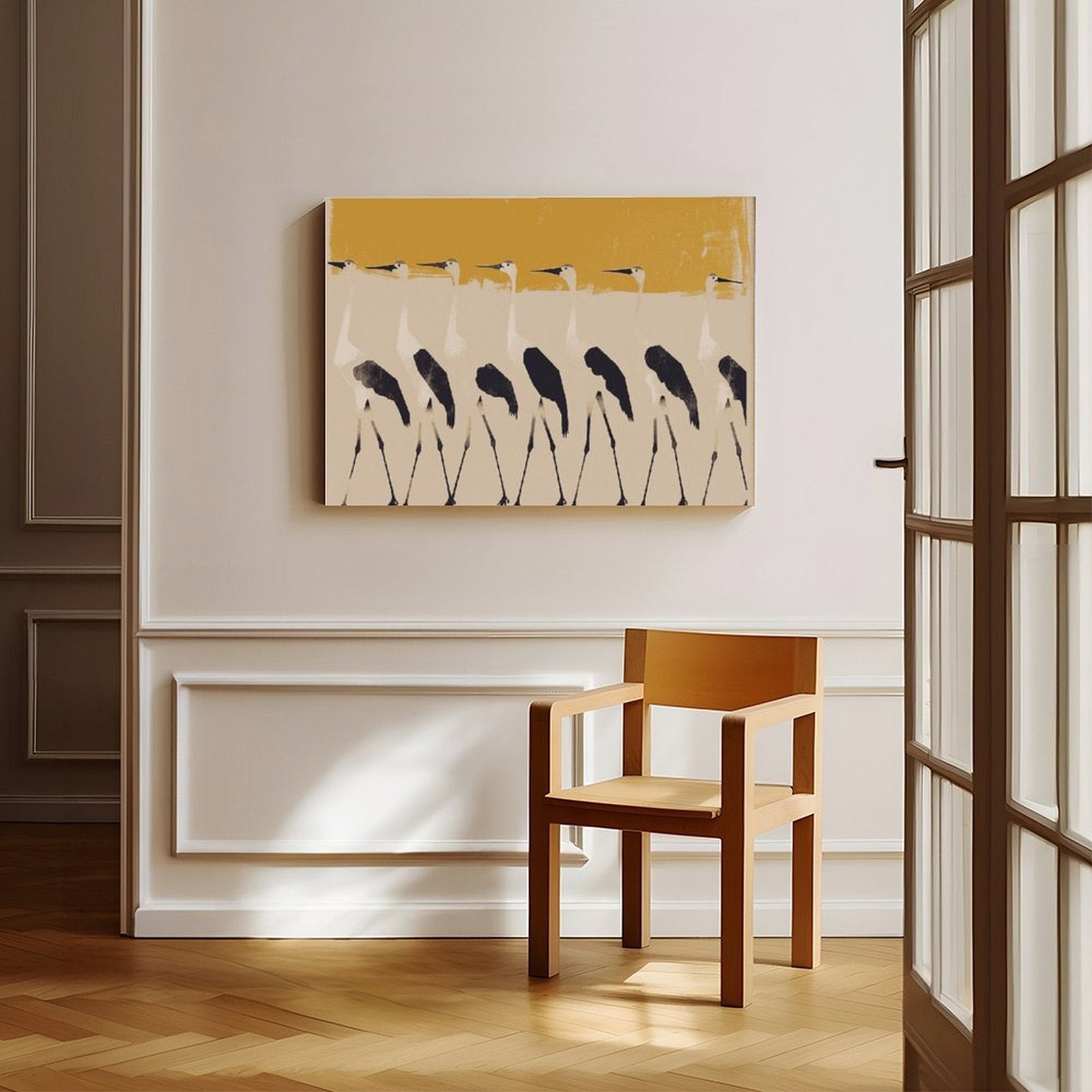 row of stylized pale birds in abstract animal art style — Wrapped Canvas SCENE_06