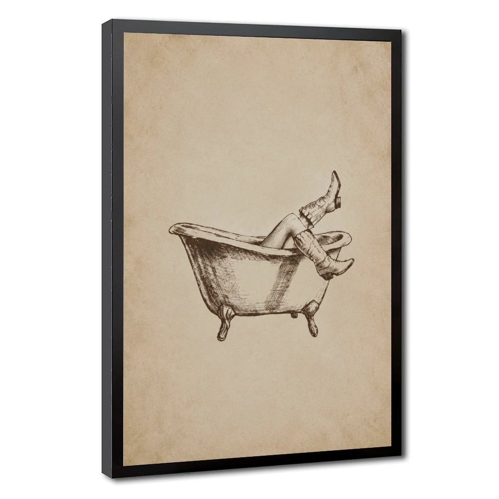relaxed figure lounging in a clawfoot bathtub with legs raised in sepia, warm cream tones — Black Frame HERO