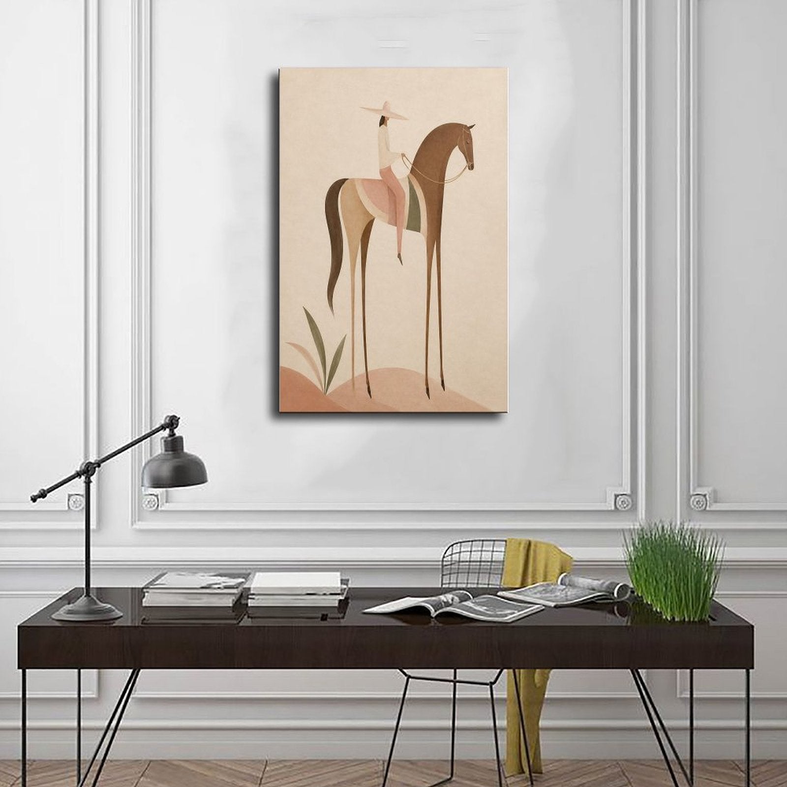 Soft Blush Long Horse canvas wall art featuring a graceful long-limbed horse in soft blush pink, warm beige, muted cream tones, displayed in the Wrapped Canvas style