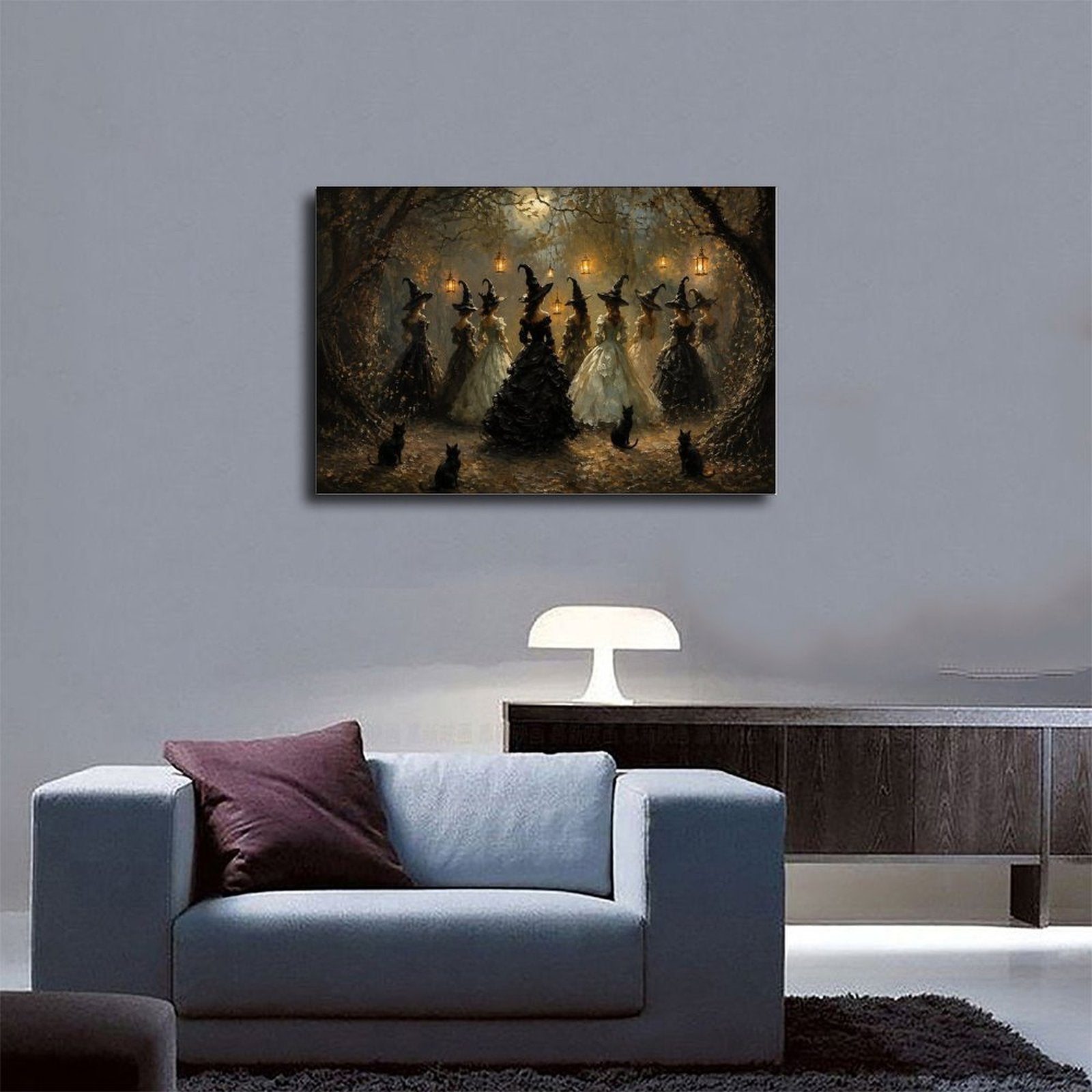 group of witches dancing in a moonlit woodland gathering in black, cream, gold tones — Wrapped Canvas SCENE_03