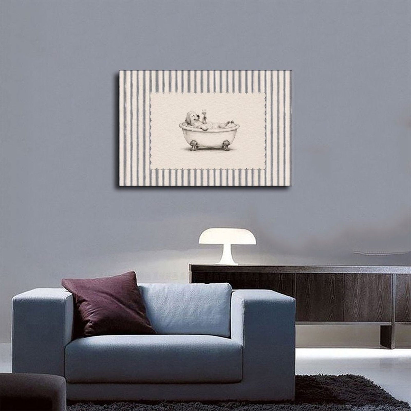 small dog sitting in a clawfoot bathtub in brown, cream, gray tones — Wrapped Canvas SCENE_03
