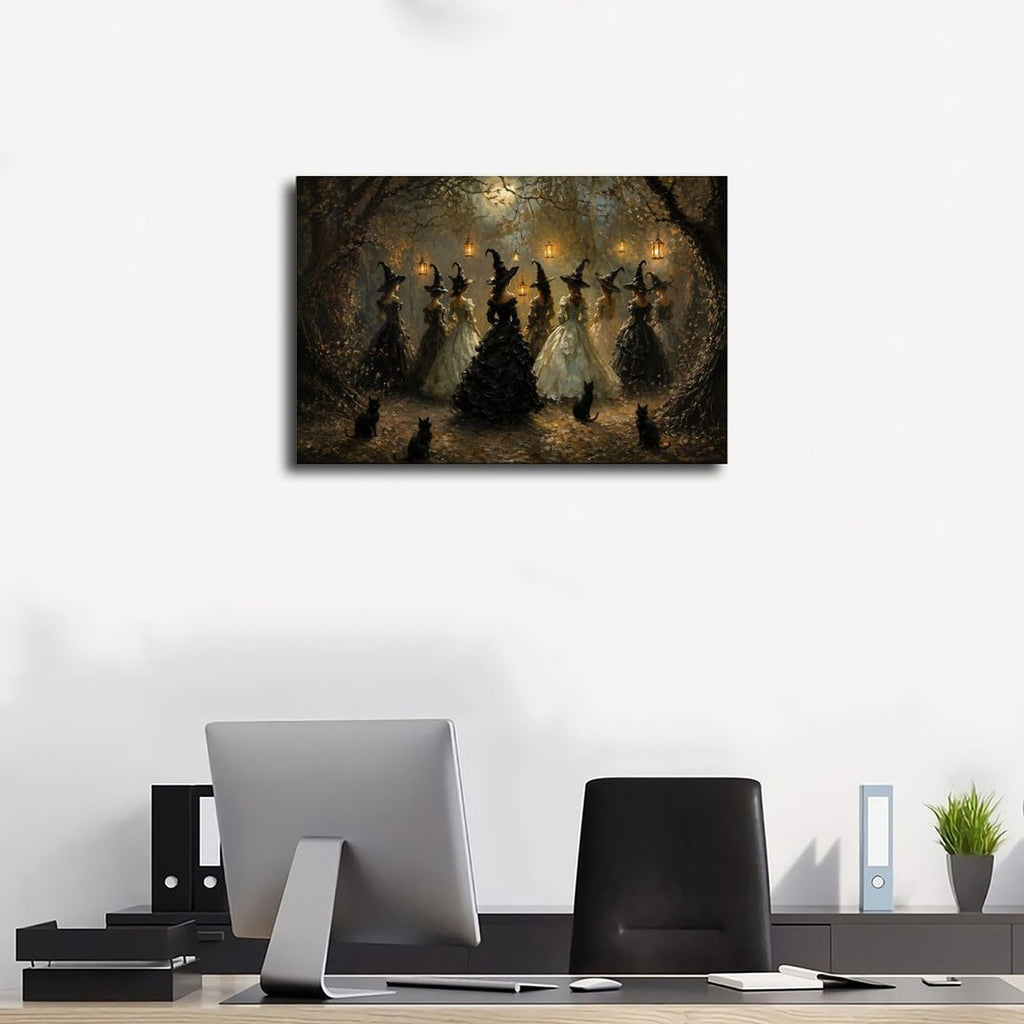 group of witches dancing in a moonlit woodland gathering in black, cream, gold tones — Wrapped Canvas SCENE_01