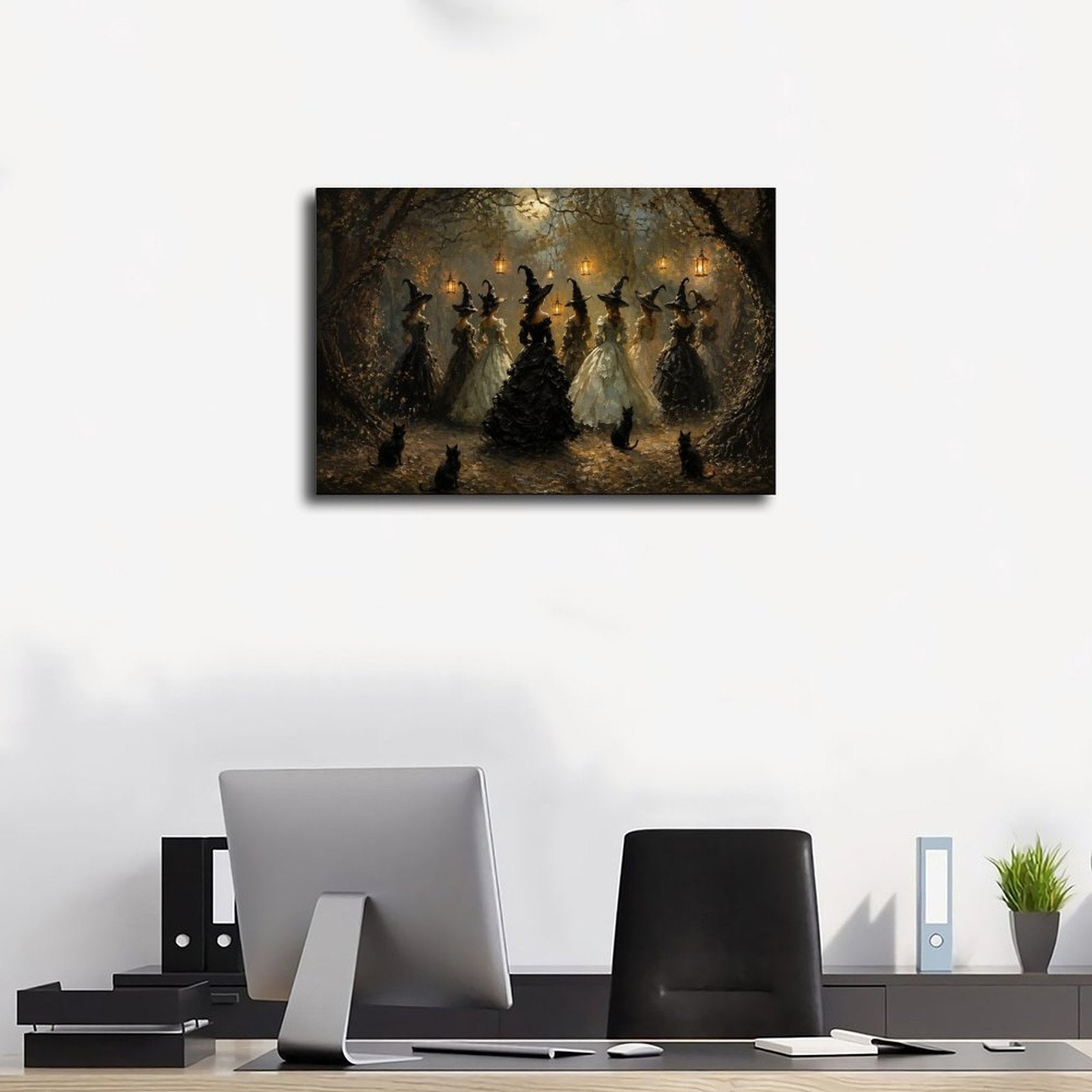 group of witches dancing in a moonlit woodland gathering in black, cream, gold tones — Wrapped Canvas SCENE_01