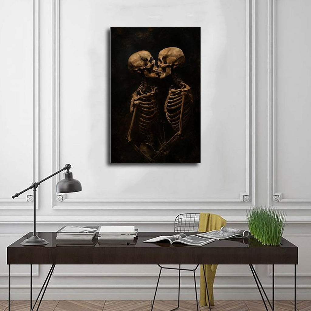 two skeletons leaning together in a kiss in black, bone beige, deep brown tones — Wrapped Canvas SCENE_01