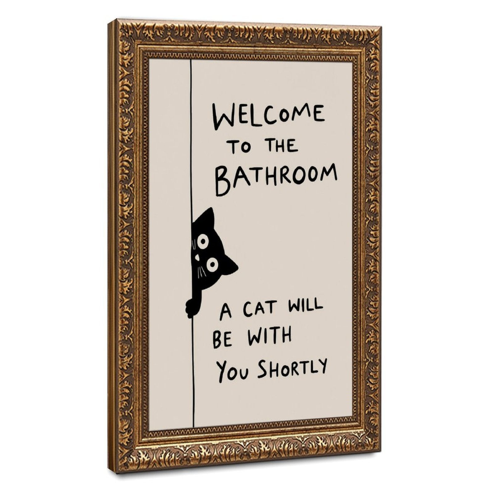 black cat peeking beside bathroom typography in black, cream tones — Vintage Gold Frame HERO