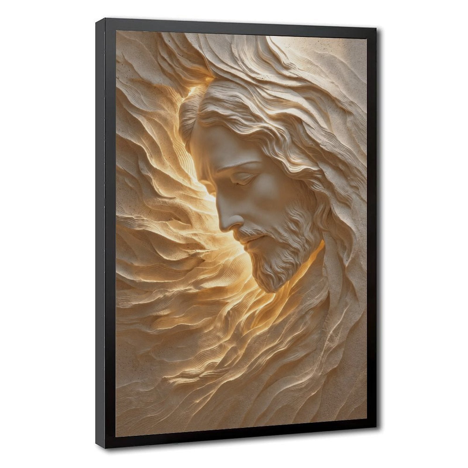 serene bearded sacred figure emerging from flowing stone-like forms in cream, sand, warm gold tones — Black Frame HERO