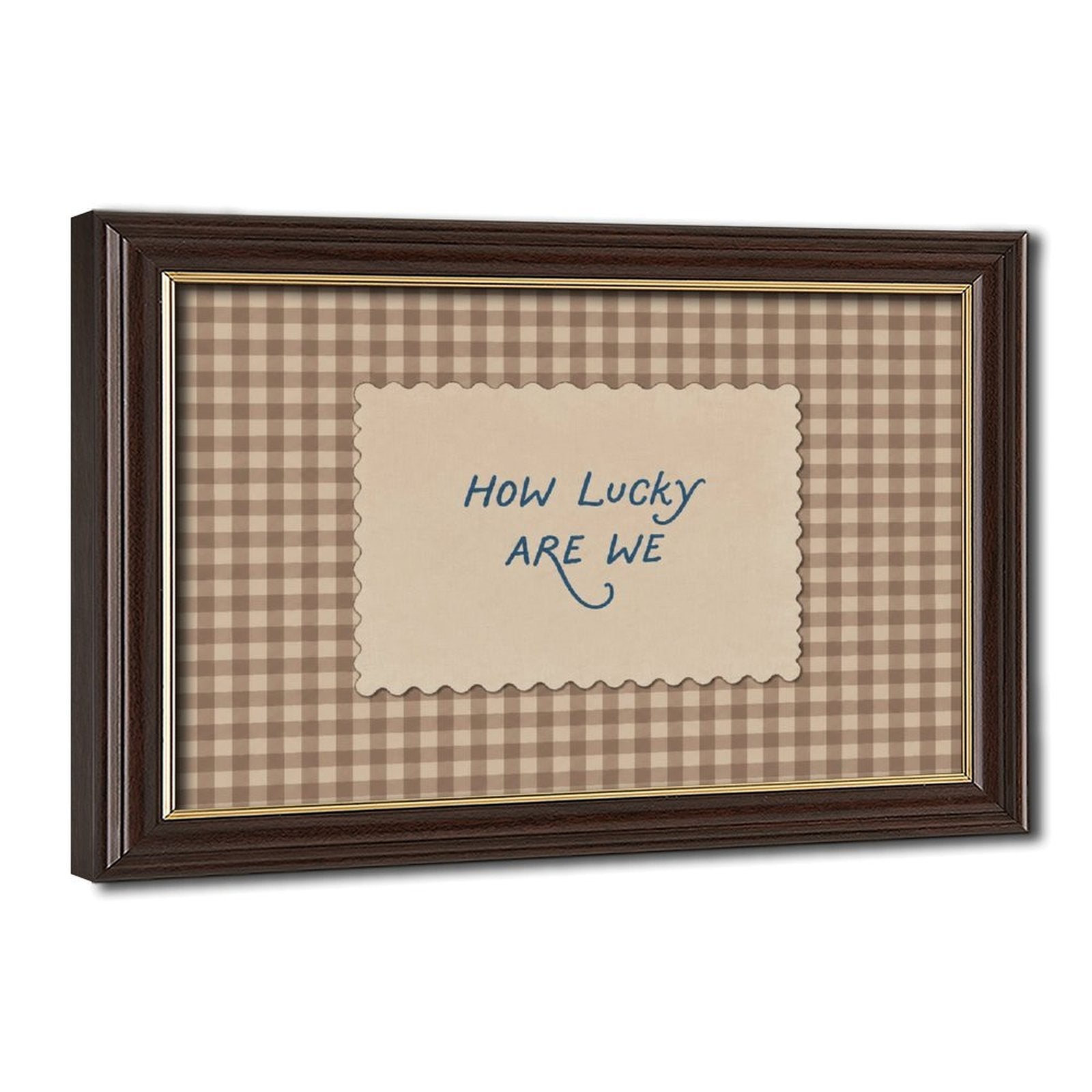 blue handwritten gratitude quote on brown gingham in taupe, cream, blue tones — Wood Grain Gold Frame HERO