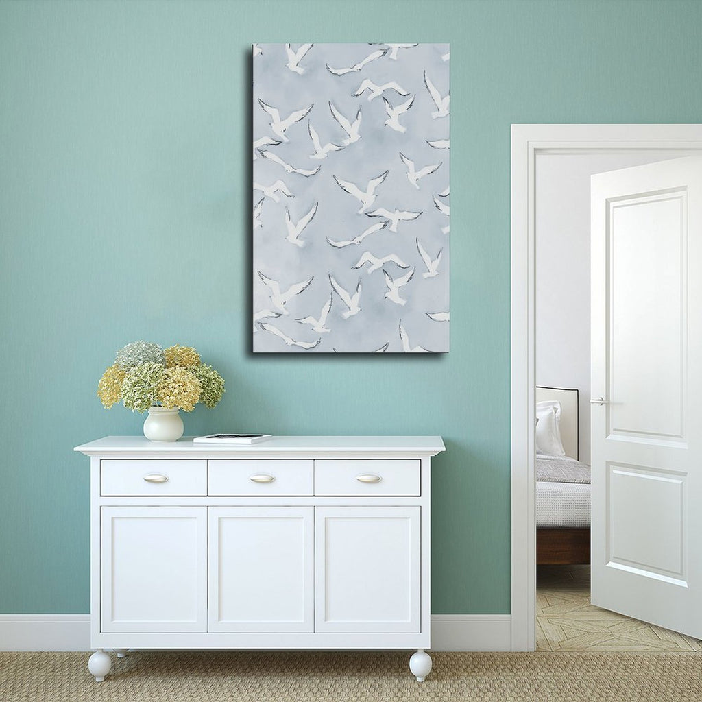flock of white birds in flight in minimalist animal art style — Wrapped Canvas SCENE_02