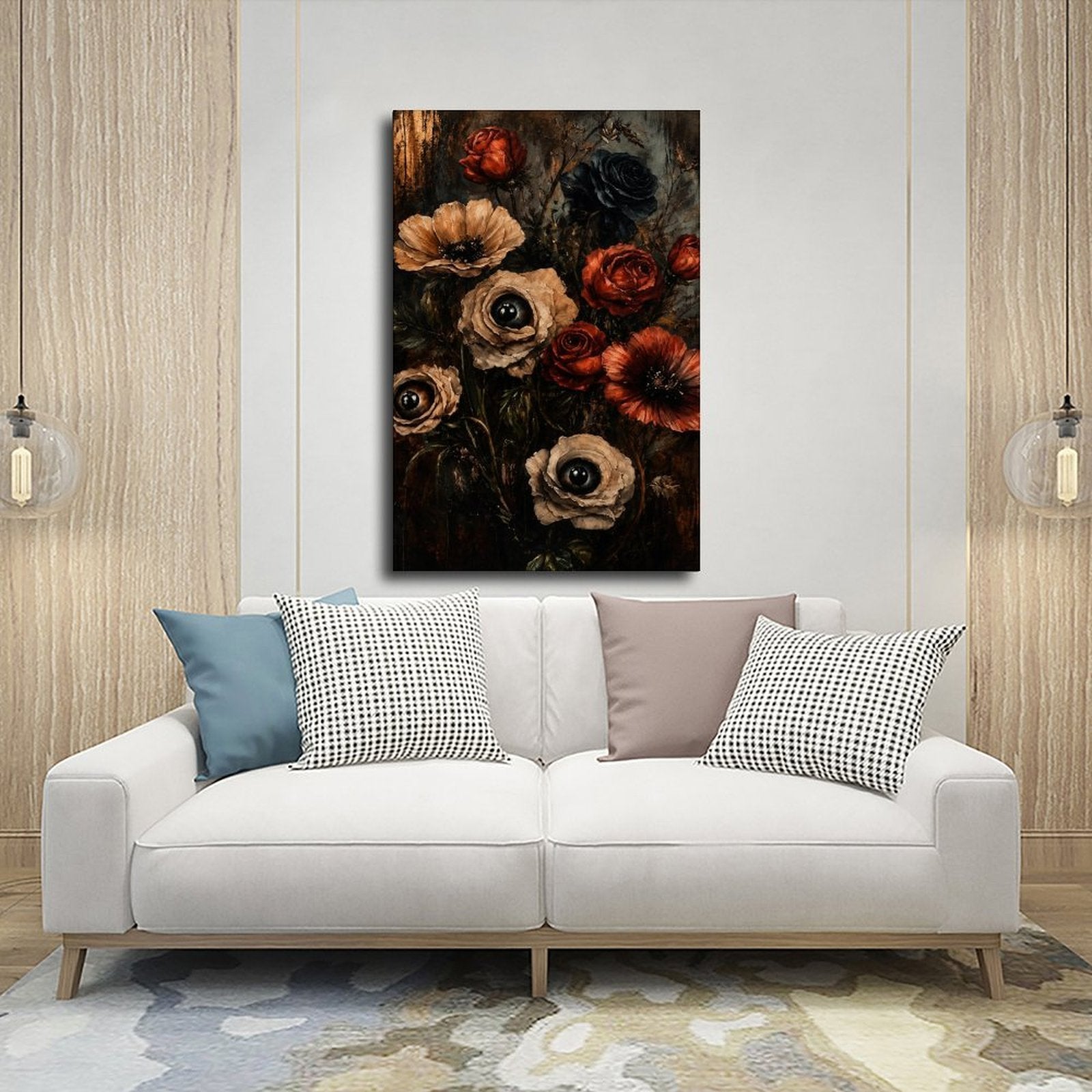 dark floral bouquet with realistic eyes in flower centers in black, deep red, taupe tones — Wrapped Canvas SCENE_03
