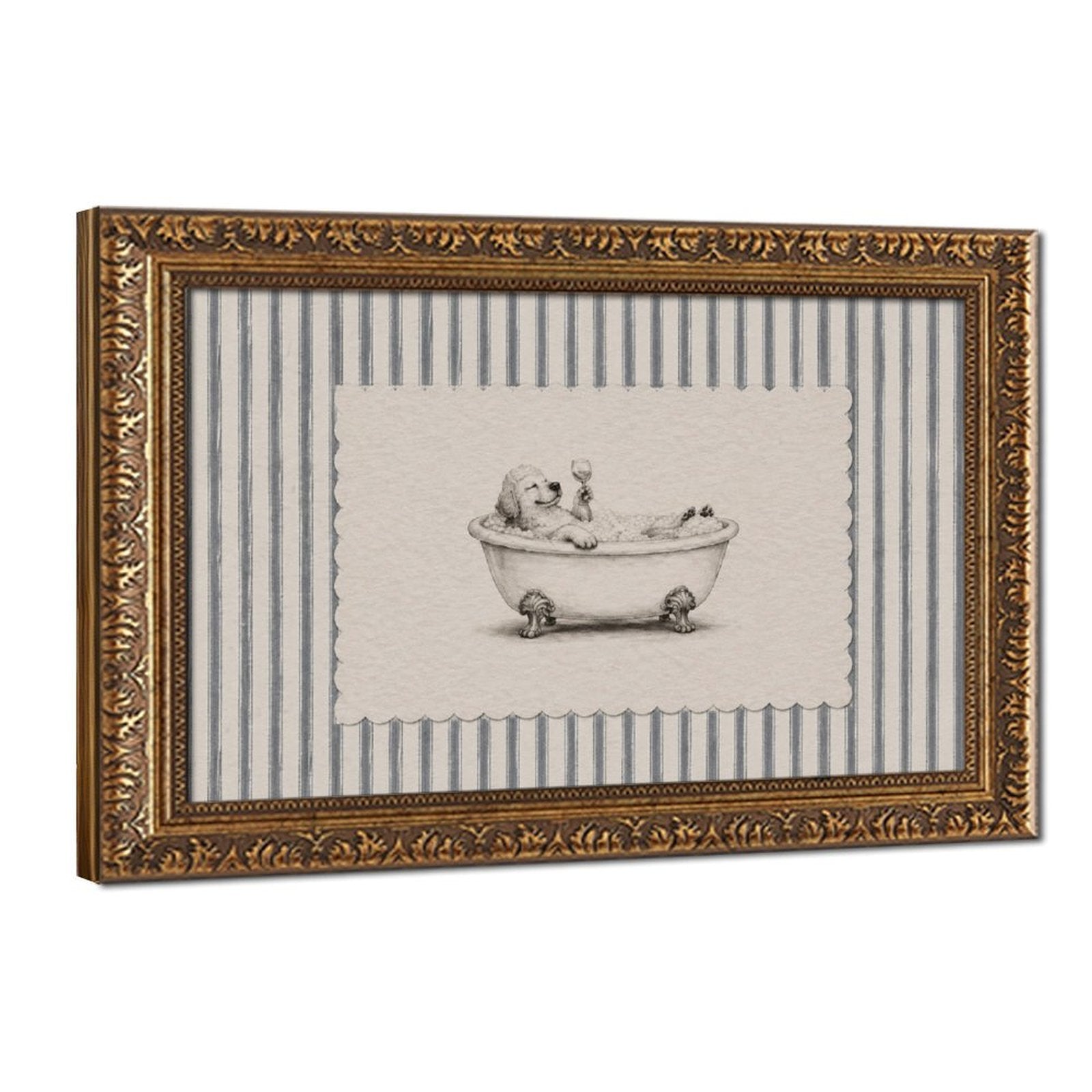 small dog sitting in a clawfoot bathtub in brown, cream, gray tones — Vintage Gold Frame HERO