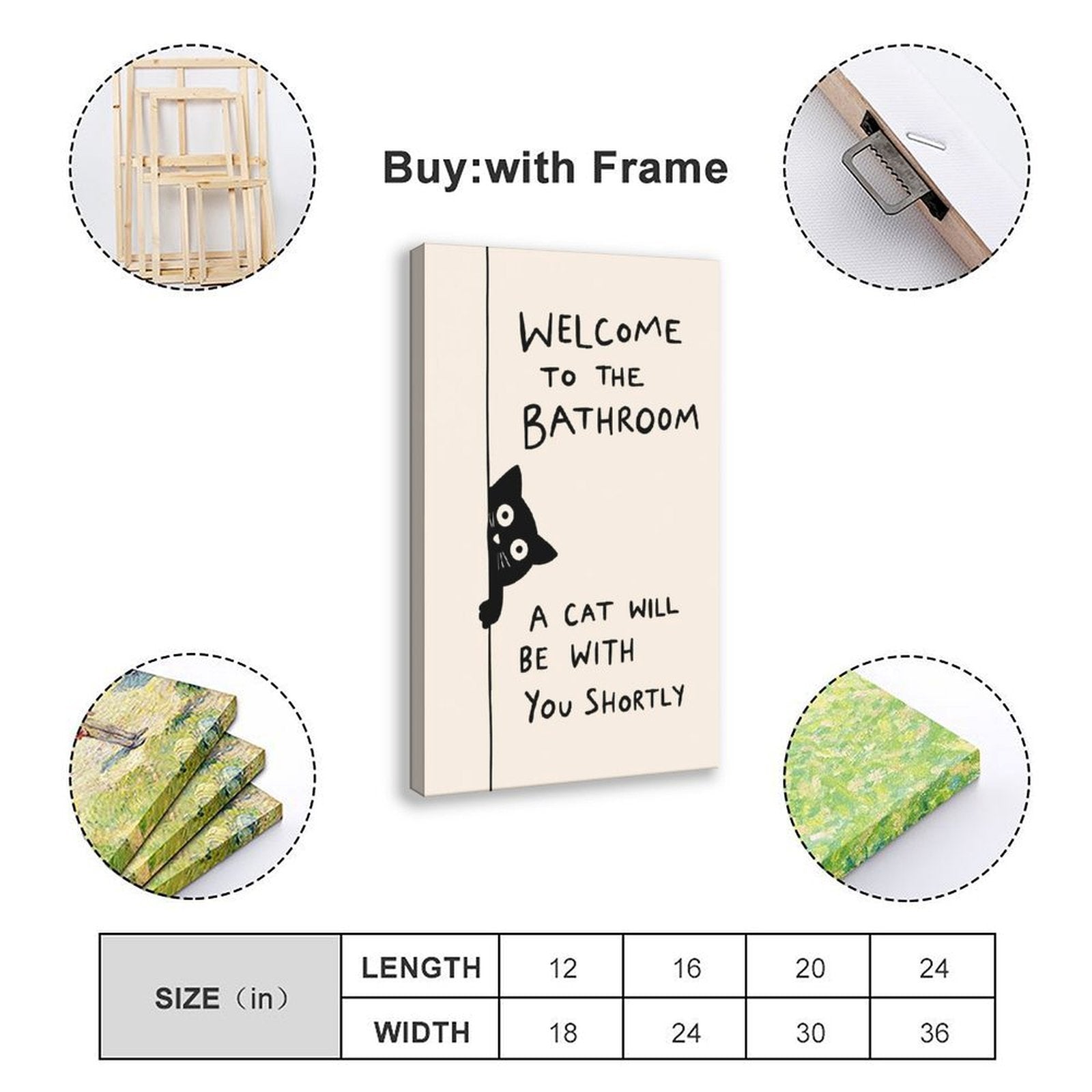 black cat peeking beside bathroom typography in black, cream tones — Wrapped Canvas SIZE_GUIDE
