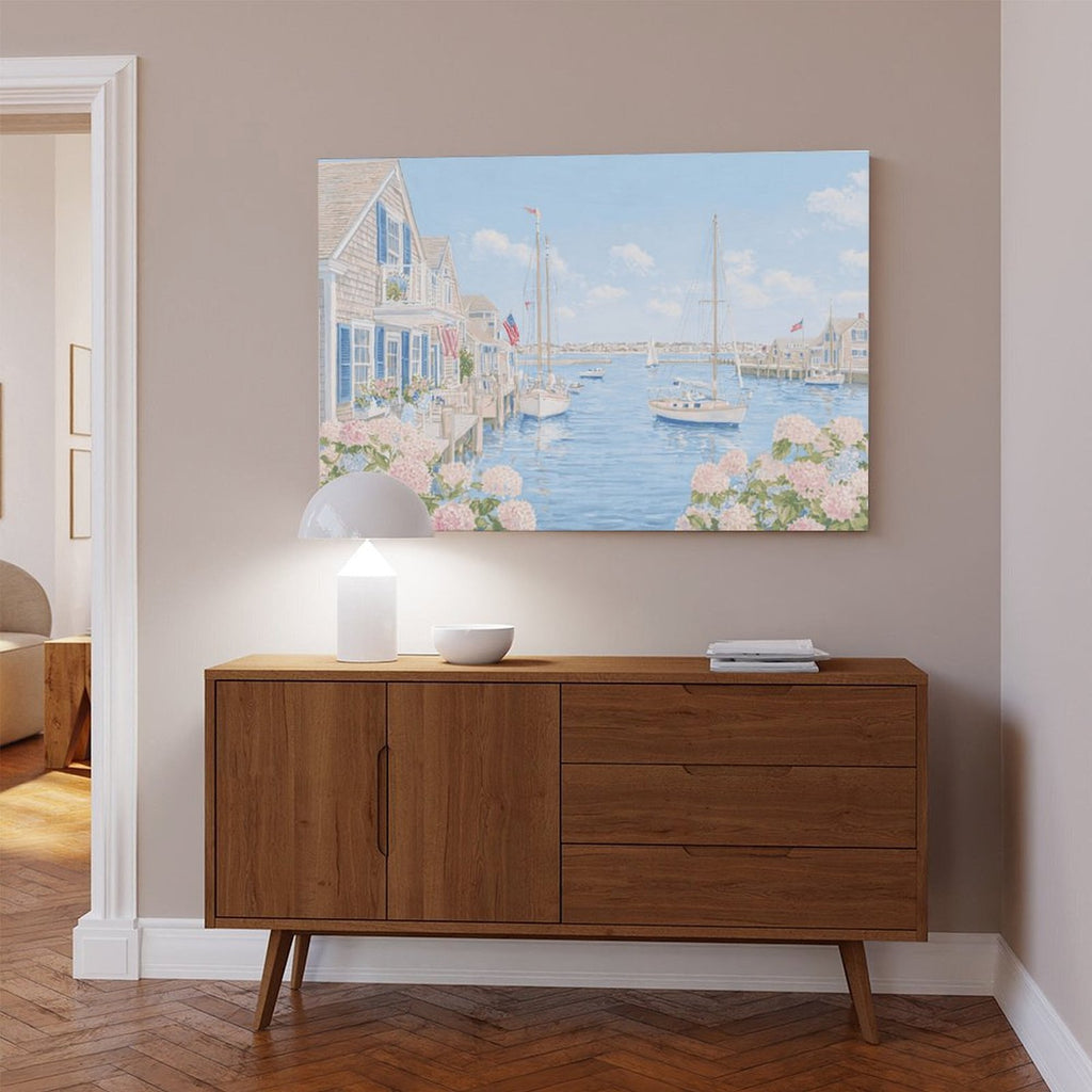 pastel coastal harbor village with boats in coastal landscape painting style — Wrapped Canvas SCENE_04