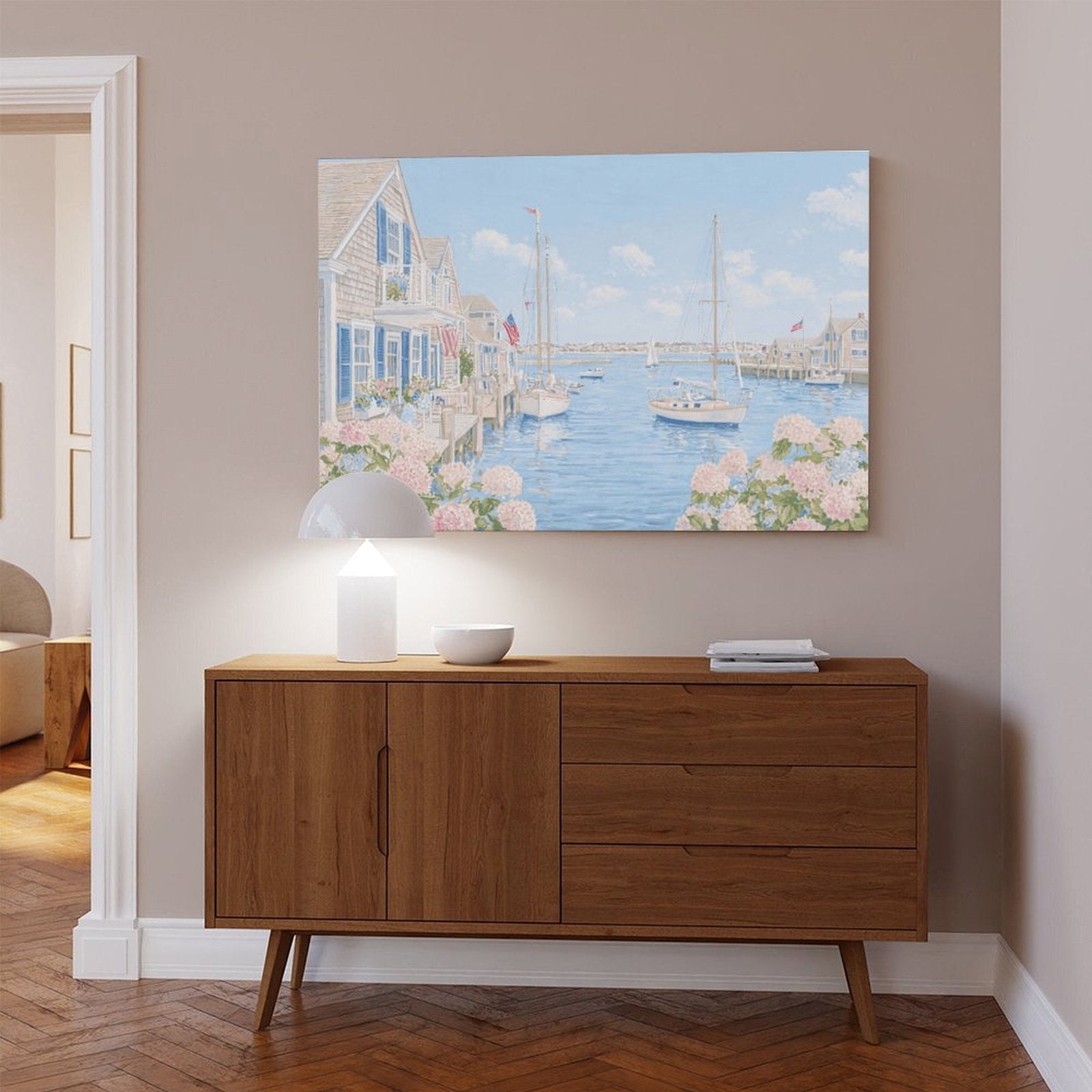 pastel coastal harbor village with boats in coastal landscape painting style — Wrapped Canvas SCENE_04