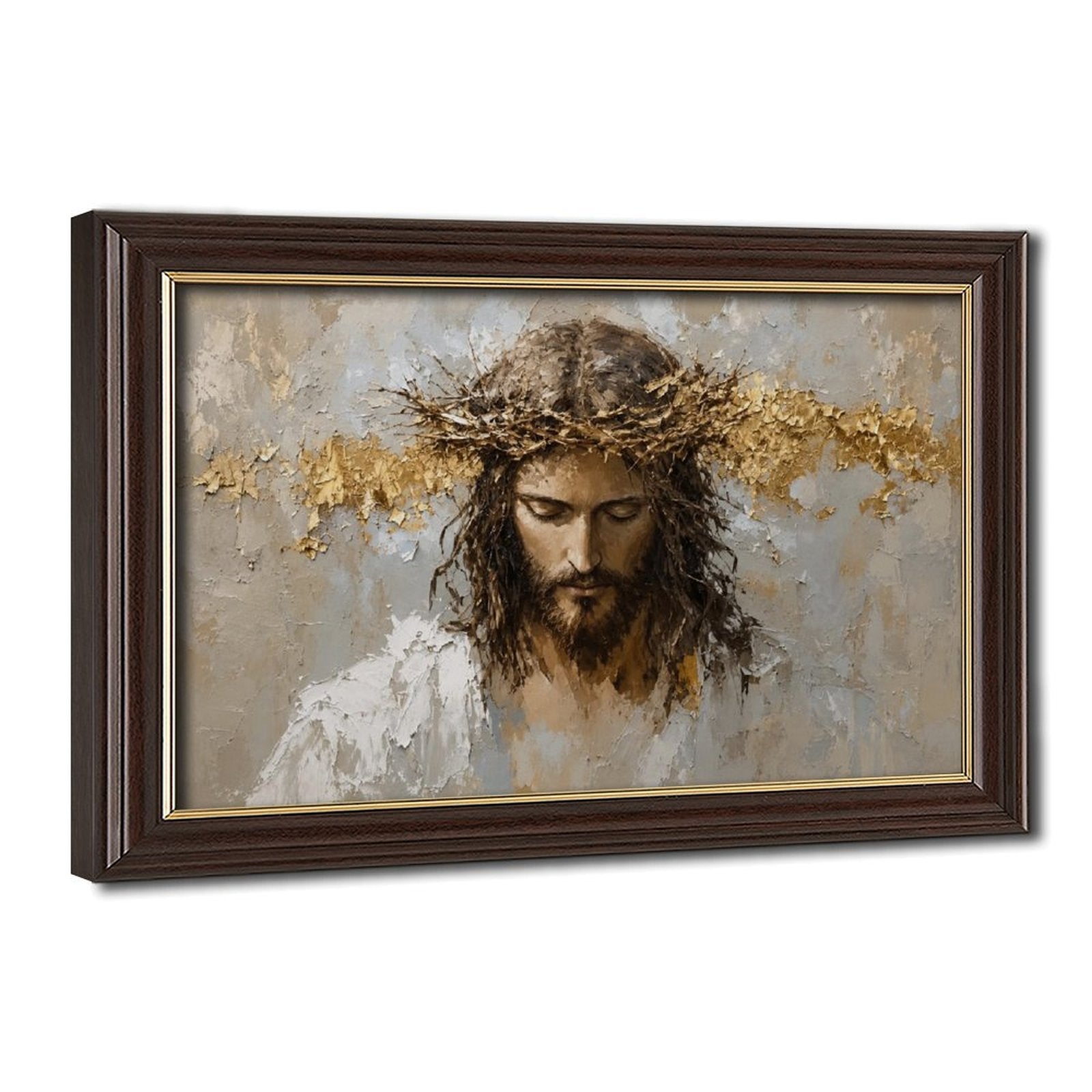 sorrowful sacred figure wearing a crown of thorns in white, taupe, charcoal tones — Wood Grain Gold Frame HERO