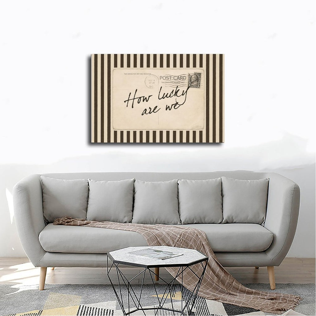 handwritten gratitude quote on a vintage postcard in cream, black, sepia tones — Wrapped Canvas SCENE_02