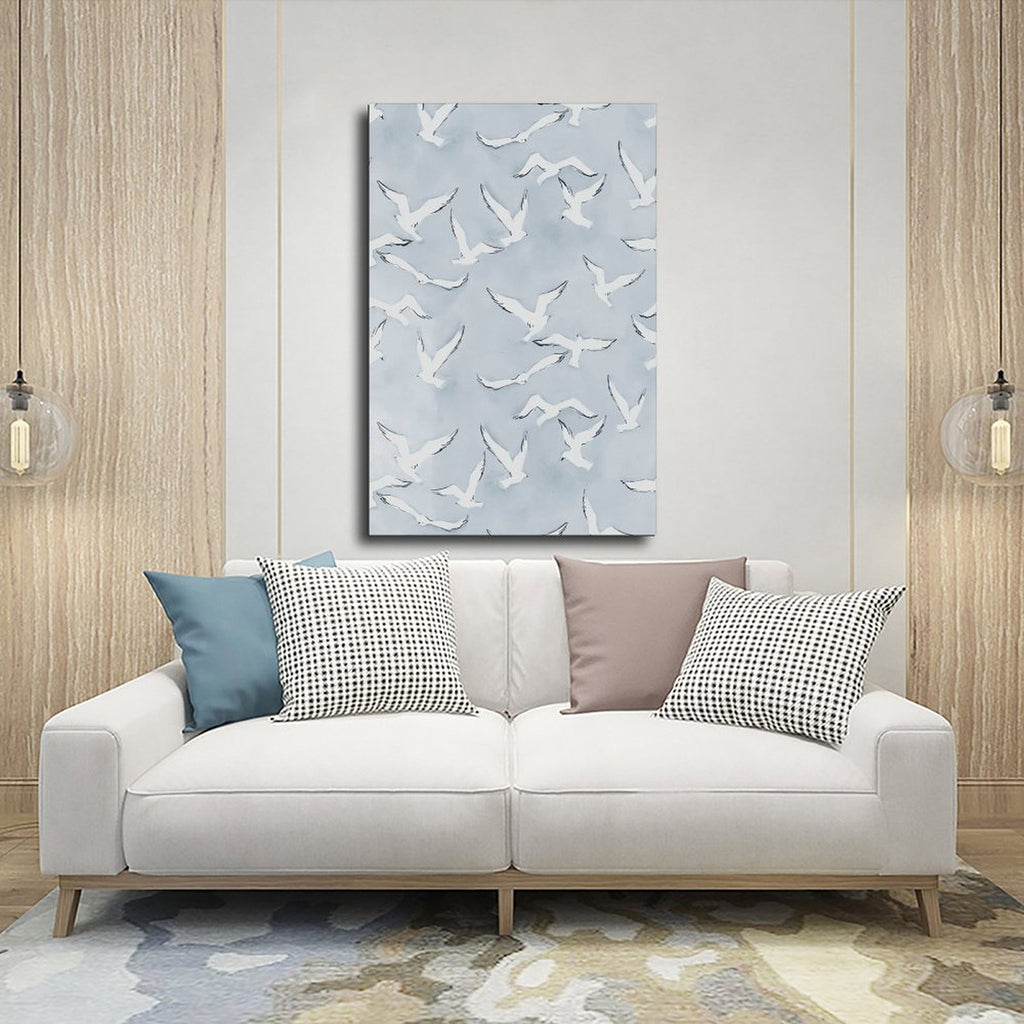 flock of white birds in flight in minimalist animal art style — Wrapped Canvas SCENE_03