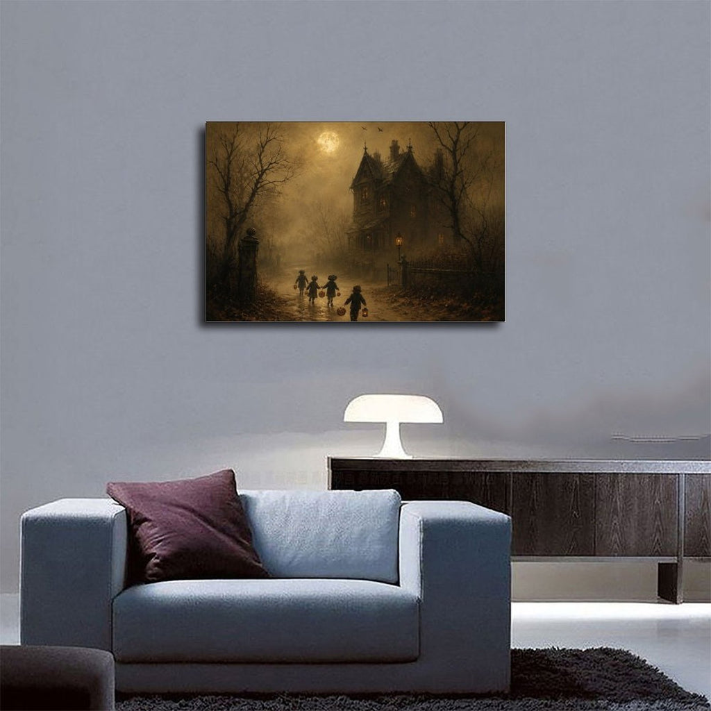 children in Halloween costumes walking toward a haunted house in sepia, black, amber tones — Wrapped Canvas SCENE_03