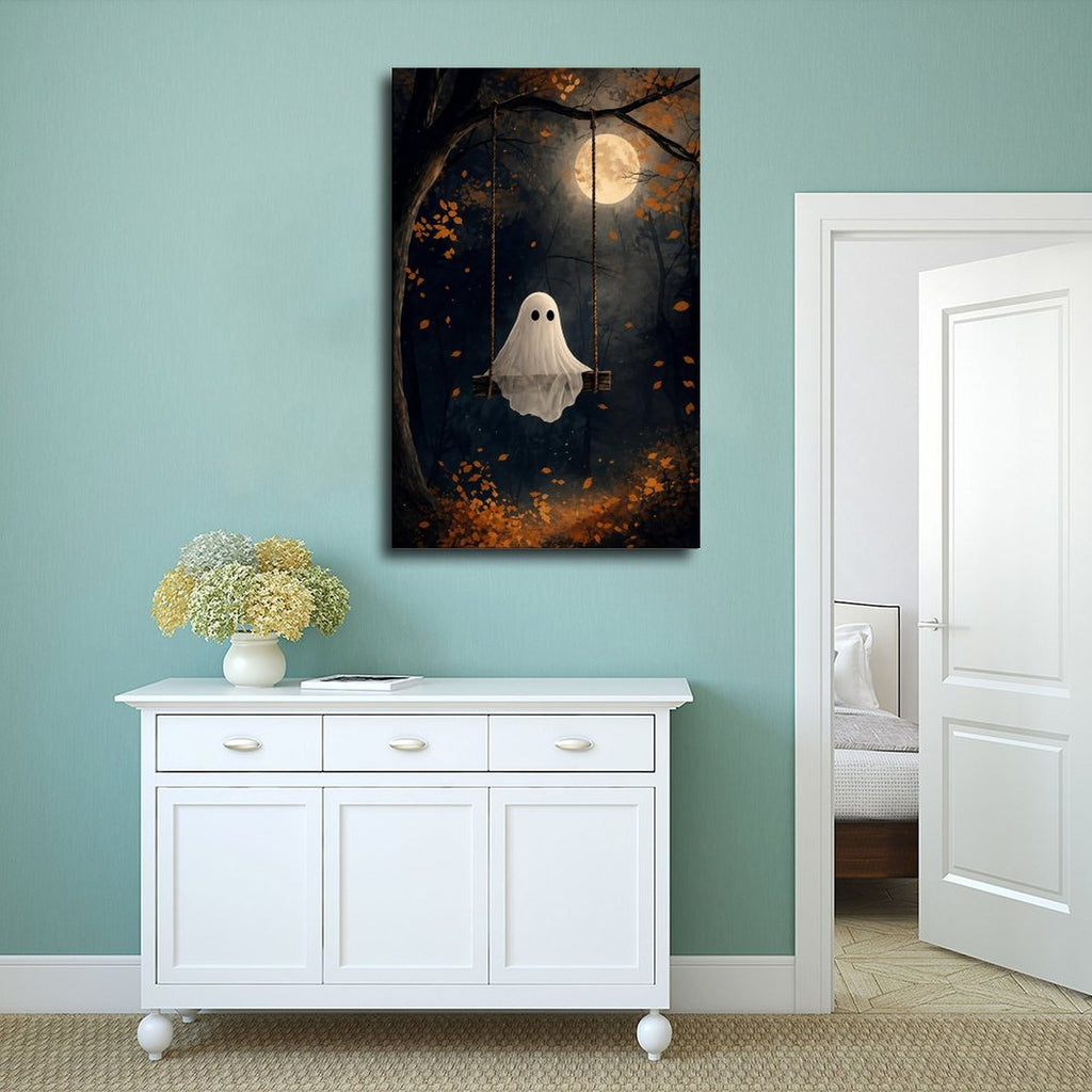sheet ghost sitting on a swing beneath a full moon in navy blue, orange, white tones — Wrapped Canvas SCENE_02