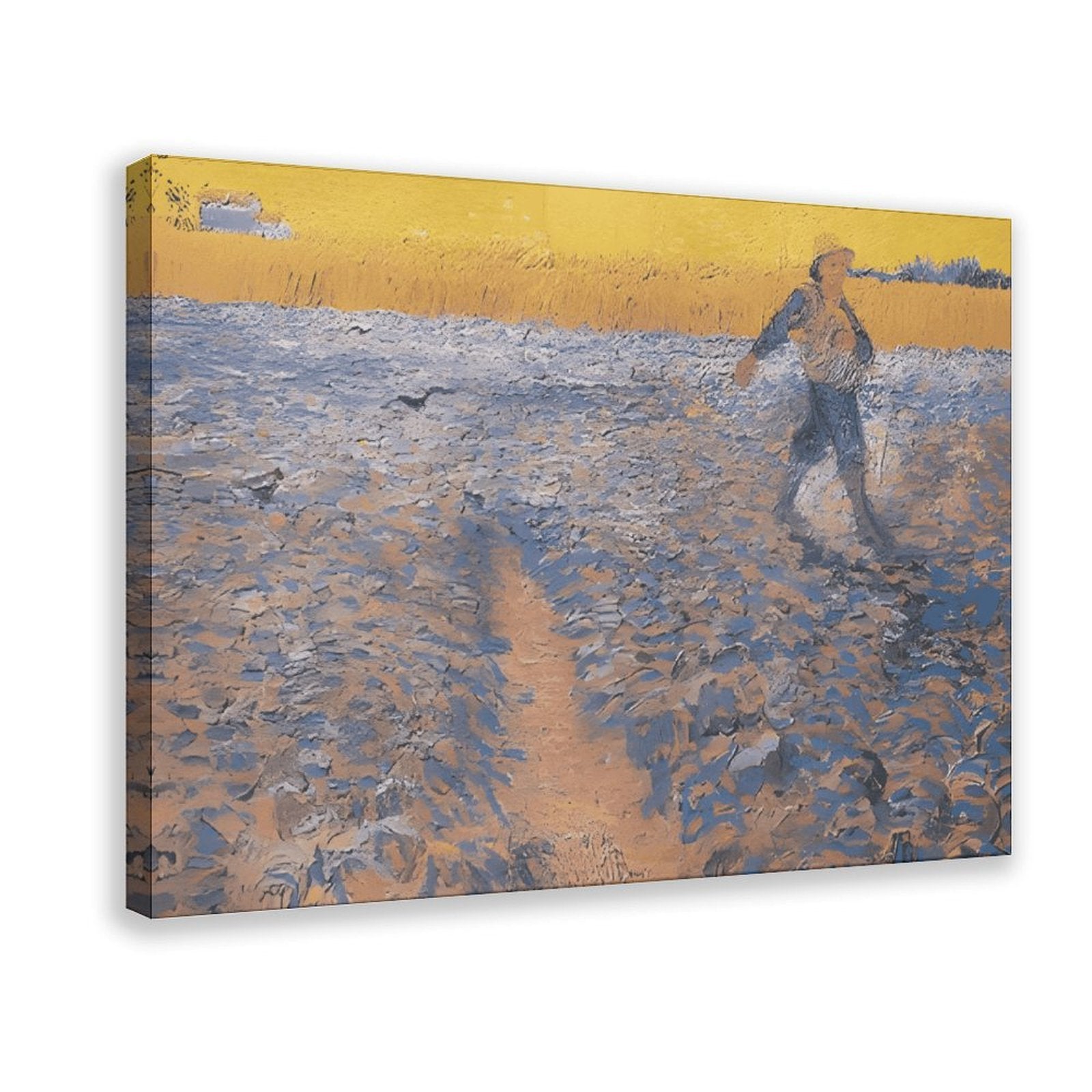 solitary person walking through a blue and gold field in expressive landscape painting style — Wrapped Canvas HERO