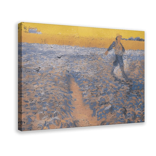 solitary person walking through a blue and gold field in expressive landscape painting style — Wrapped Canvas HERO