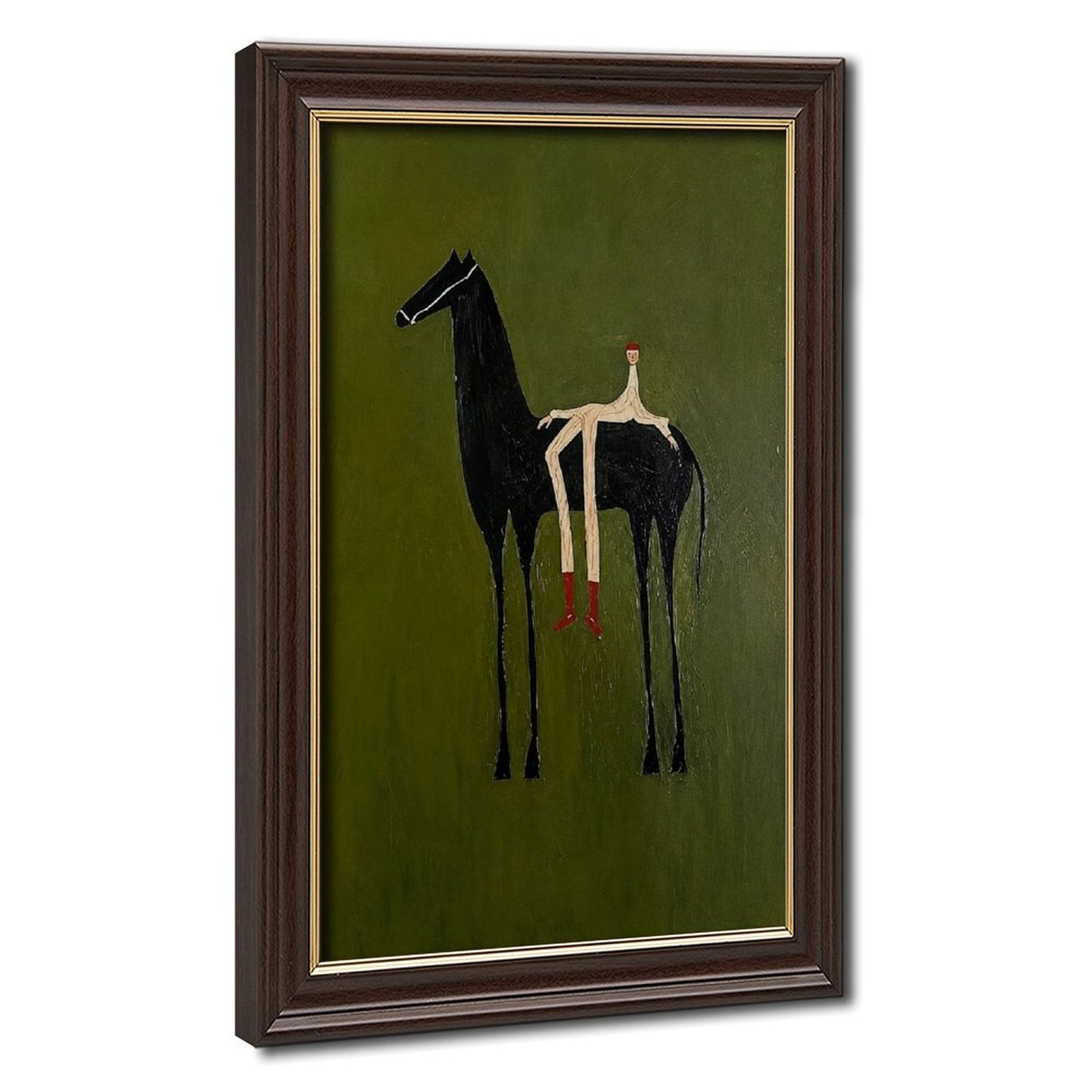Stylized black horse with an elongated seated rider on an olive green background — Wood Grain Gold Frame HERO