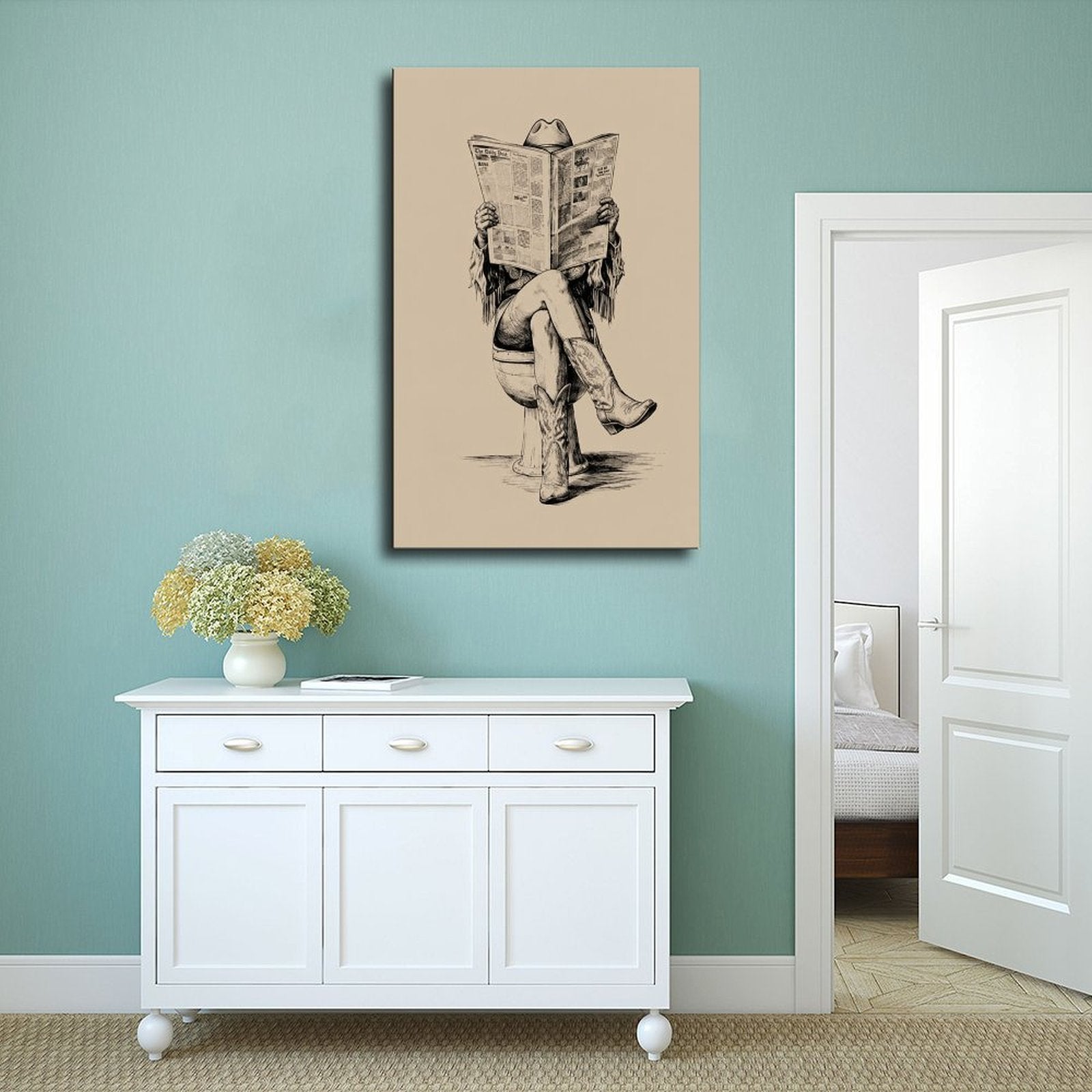 cowboy seated on a toilet reading a newspaper in black, warm cream tones — Wrapped Canvas SCENE_02