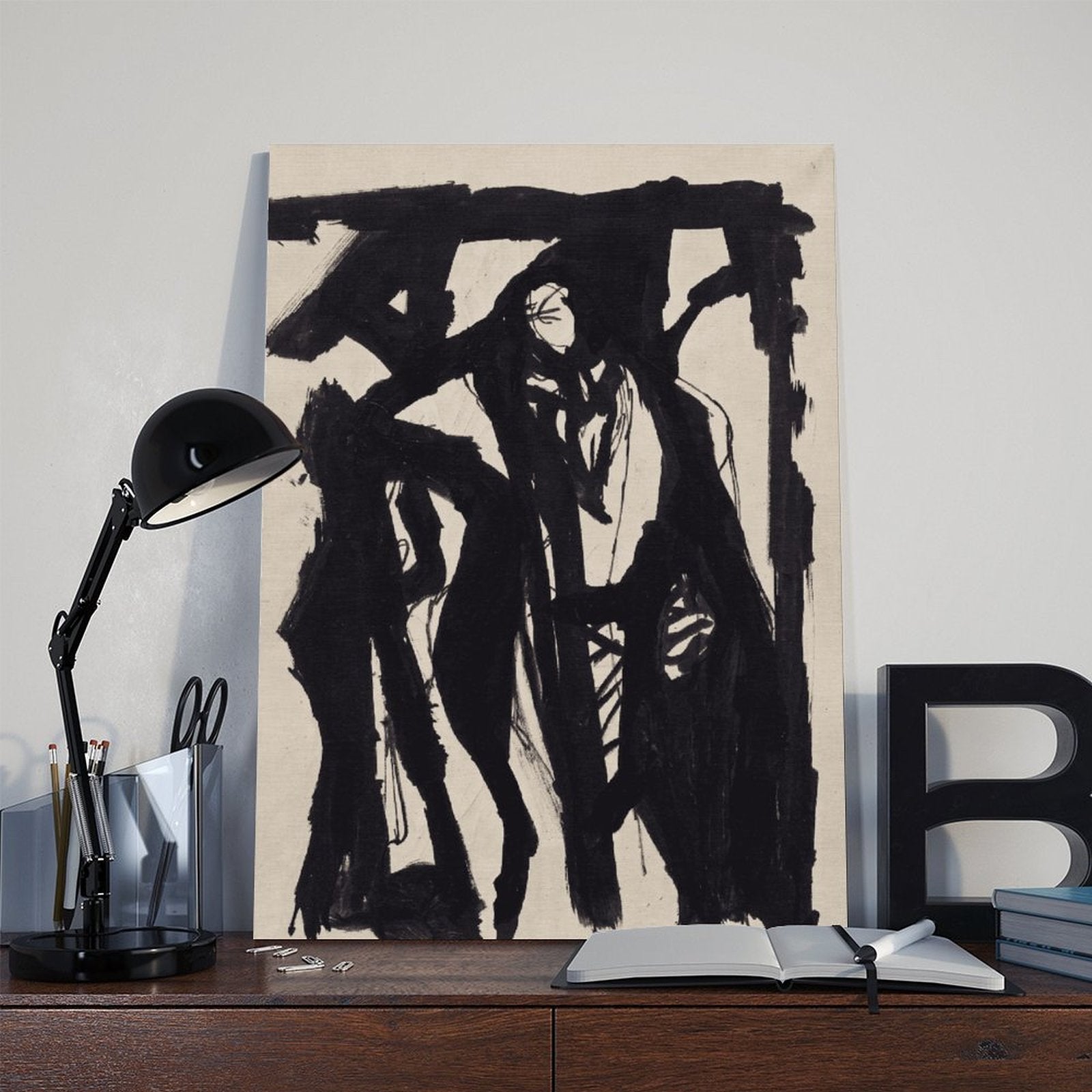 expressive black gestural human figures in gestural abstraction style — Wrapped Canvas SCENE_06
