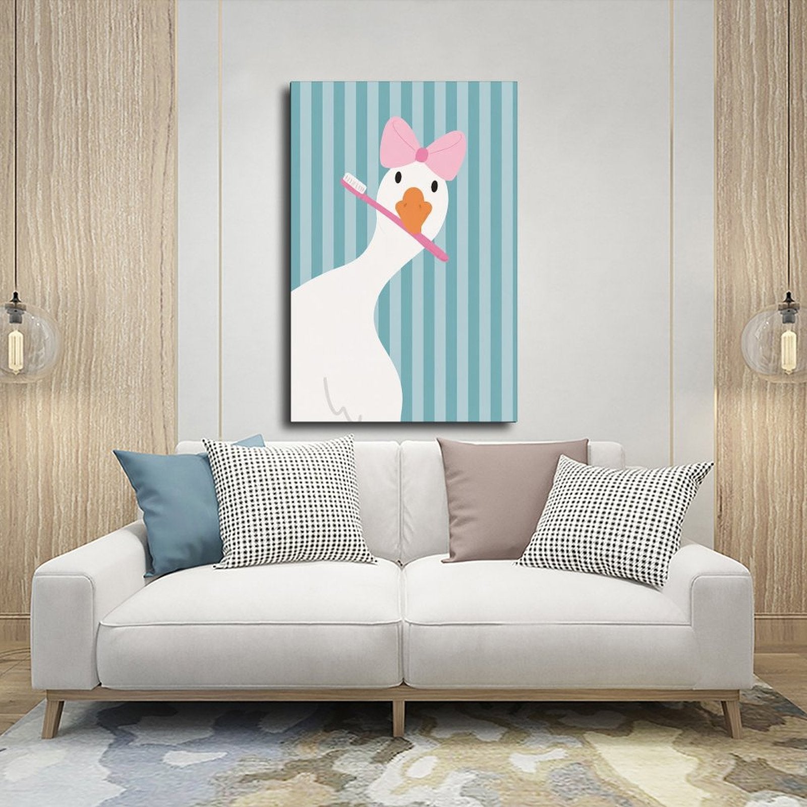white duck with a pink bow holding a toothbrush in sky blue, white, pink tones — Wrapped Canvas SCENE_03