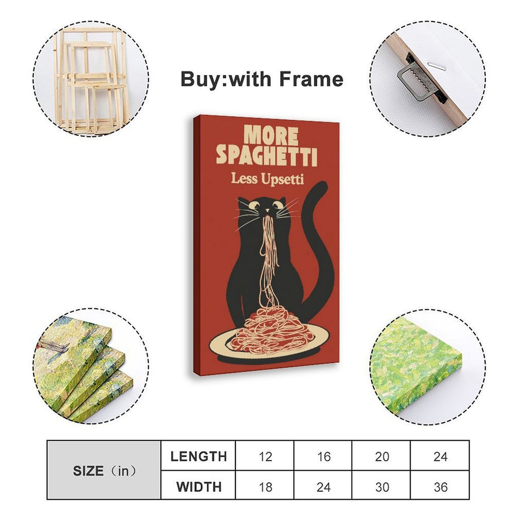 black cat eating spaghetti beneath humorous typography in brick red, black, cream tones — Wrapped Canvas SIZE_GUIDE