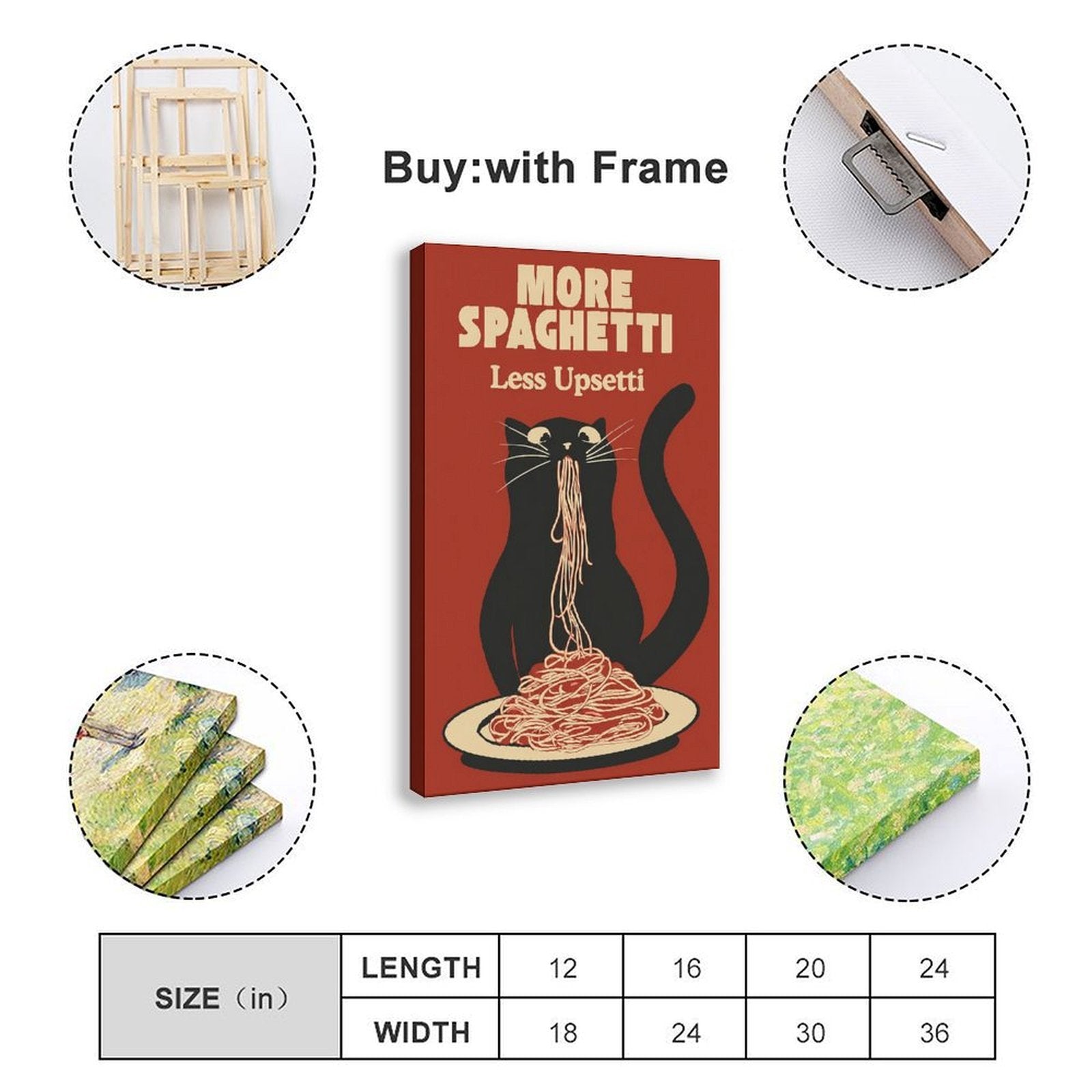 black cat eating spaghetti beneath humorous typography in brick red, black, cream tones — Wrapped Canvas SIZE_GUIDE