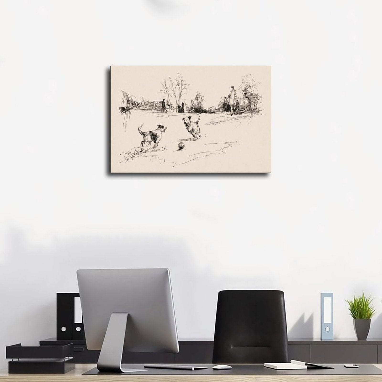 two dogs playing with a ball in black, warm cream tones — Wrapped Canvas SCENE_01