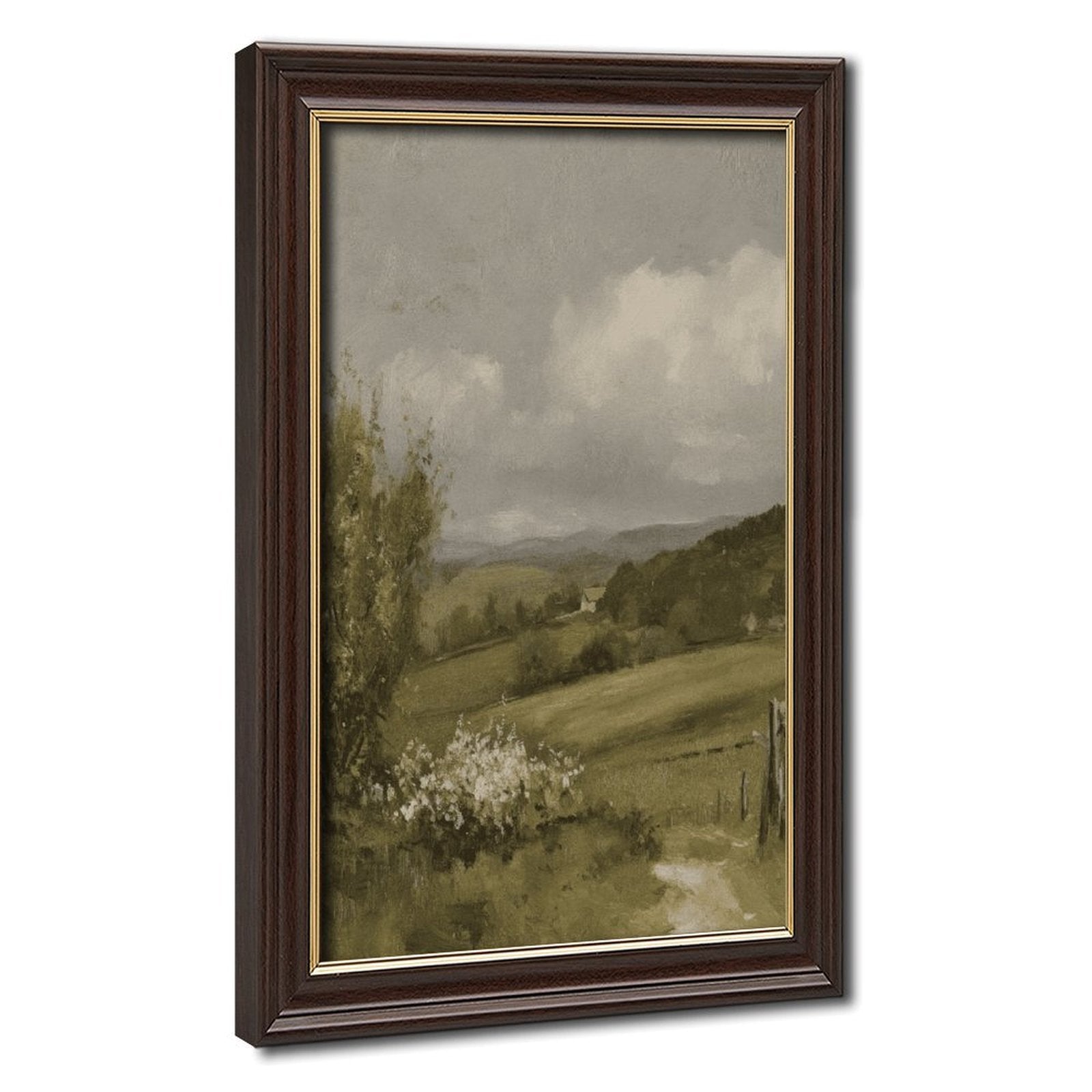 misty countryside valley with a small house and winding path in landscape painting style — Wood Grain Gold Frame HERO