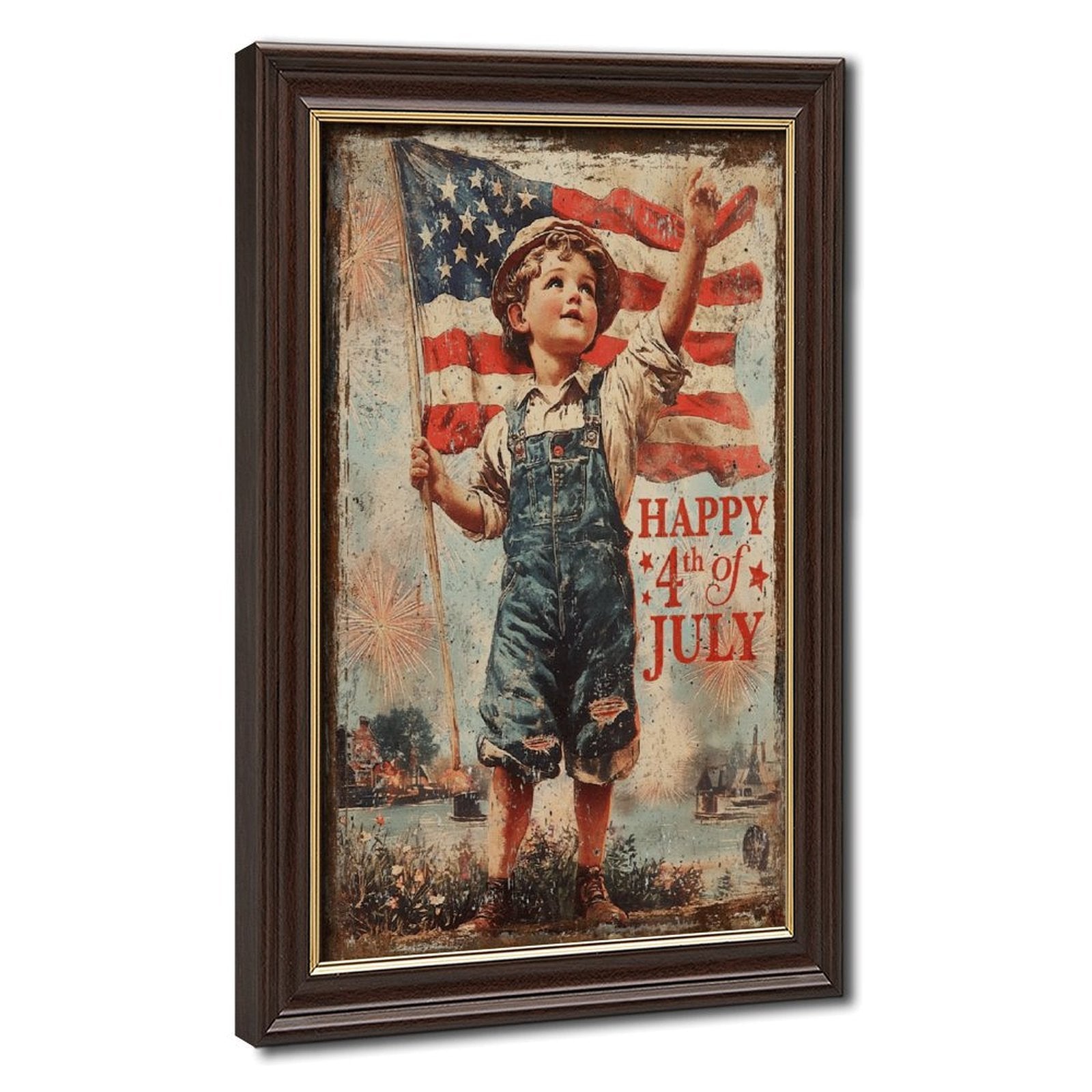 vintage patriotic boy holding an American flag in vintage illustration style — Wood Grain Gold Frame HERO