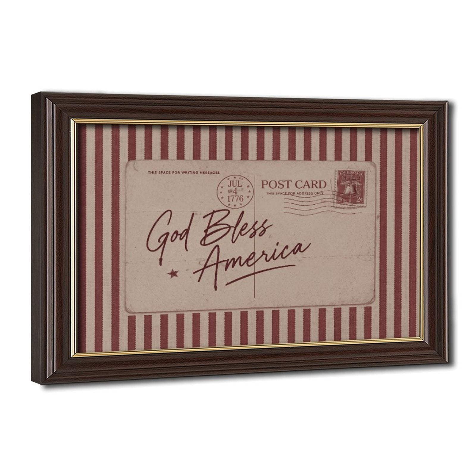 vintage patriotic postcard with God Bless America lettering in typography art style — Wood Grain Gold Frame HERO