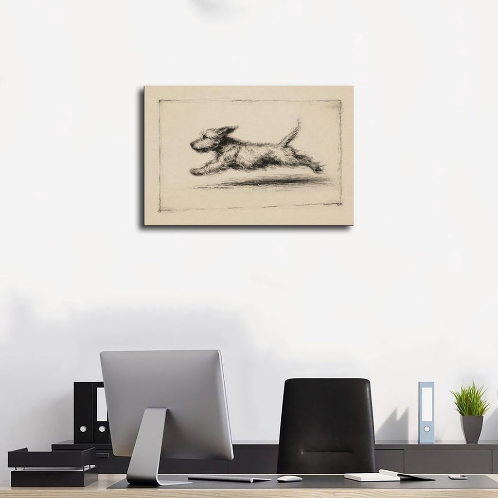 Charcoal sketch of a shaggy dog running across a warm cream background — Wrapped Canvas SCENE_01