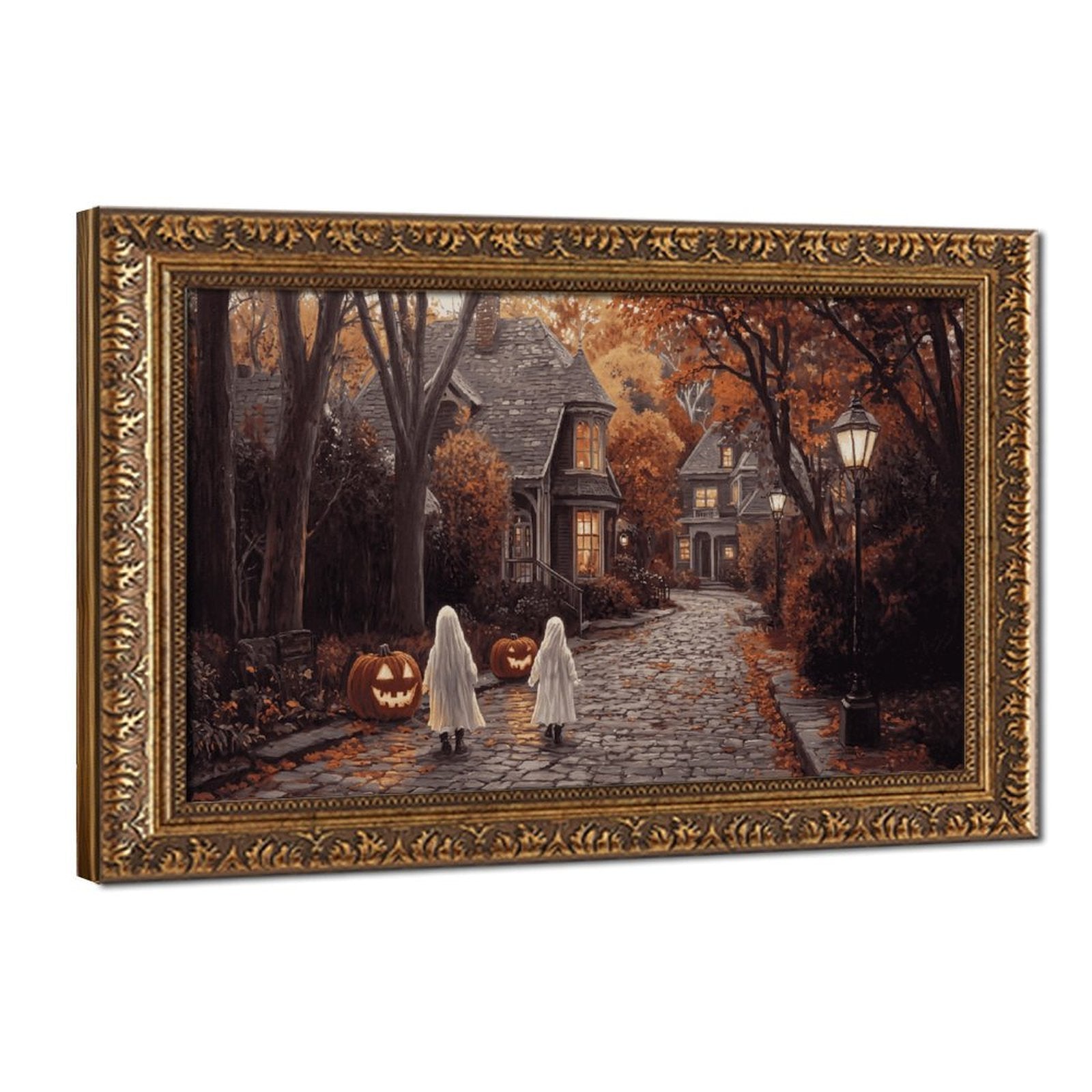 two sheet ghosts in an autumn village in whimsical halloween illustration style — Vintage Gold Frame HERO