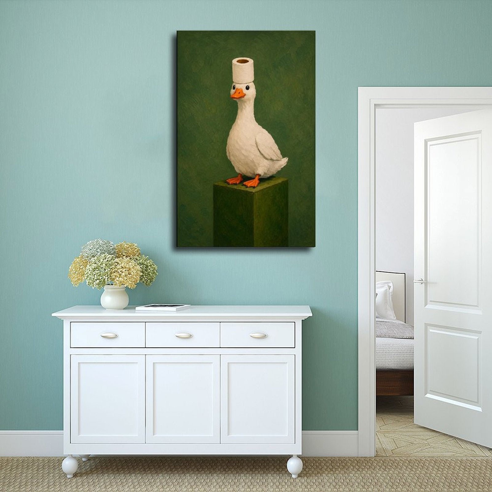 white goose wearing a toilet paper roll like a hat in olive green, white, orange tones — Wrapped Canvas SCENE_02