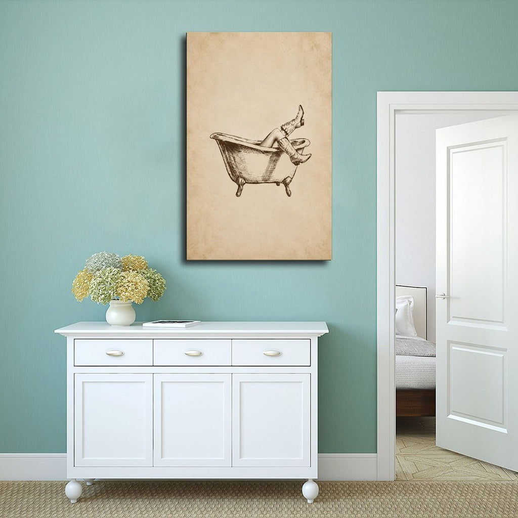 relaxed figure lounging in a clawfoot bathtub with legs raised in sepia, warm cream tones — Wrapped Canvas SCENE_02