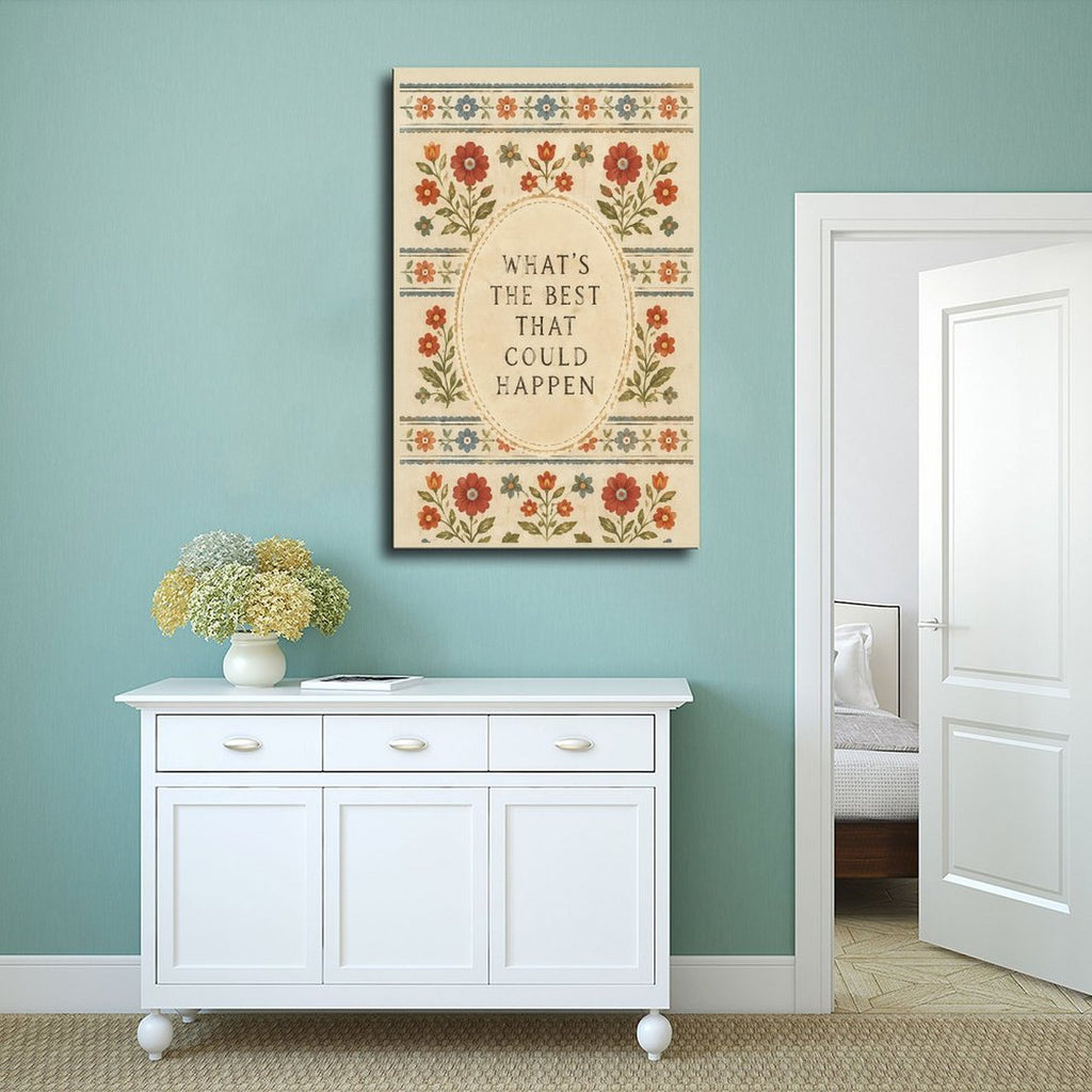 muted floral folk-art border around optimistic typography in rust, dusty blue, olive green tones — Wrapped Canvas SCENE_02