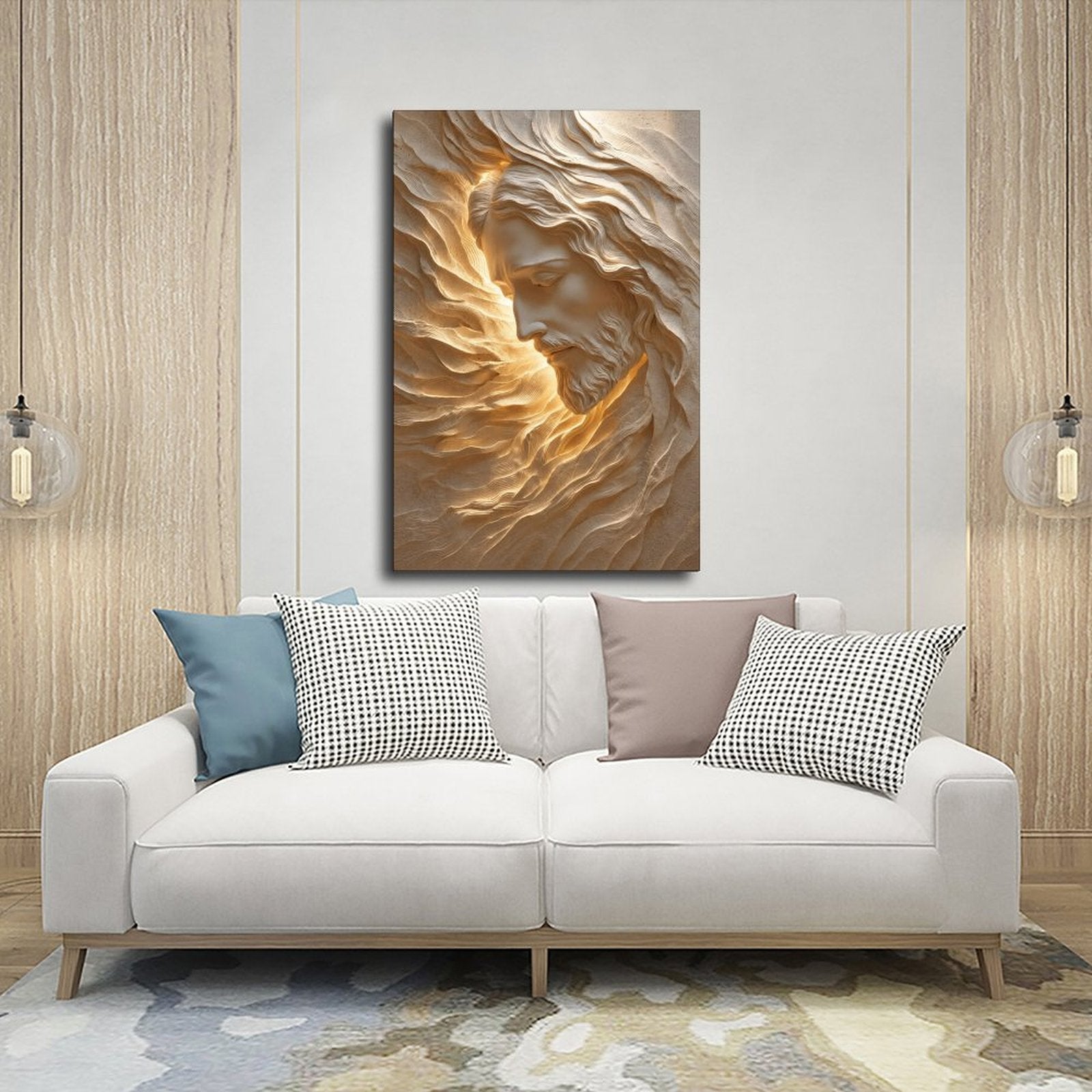 serene bearded sacred figure emerging from flowing stone-like forms in cream, sand, warm gold tones — Wrapped Canvas SCENE_03